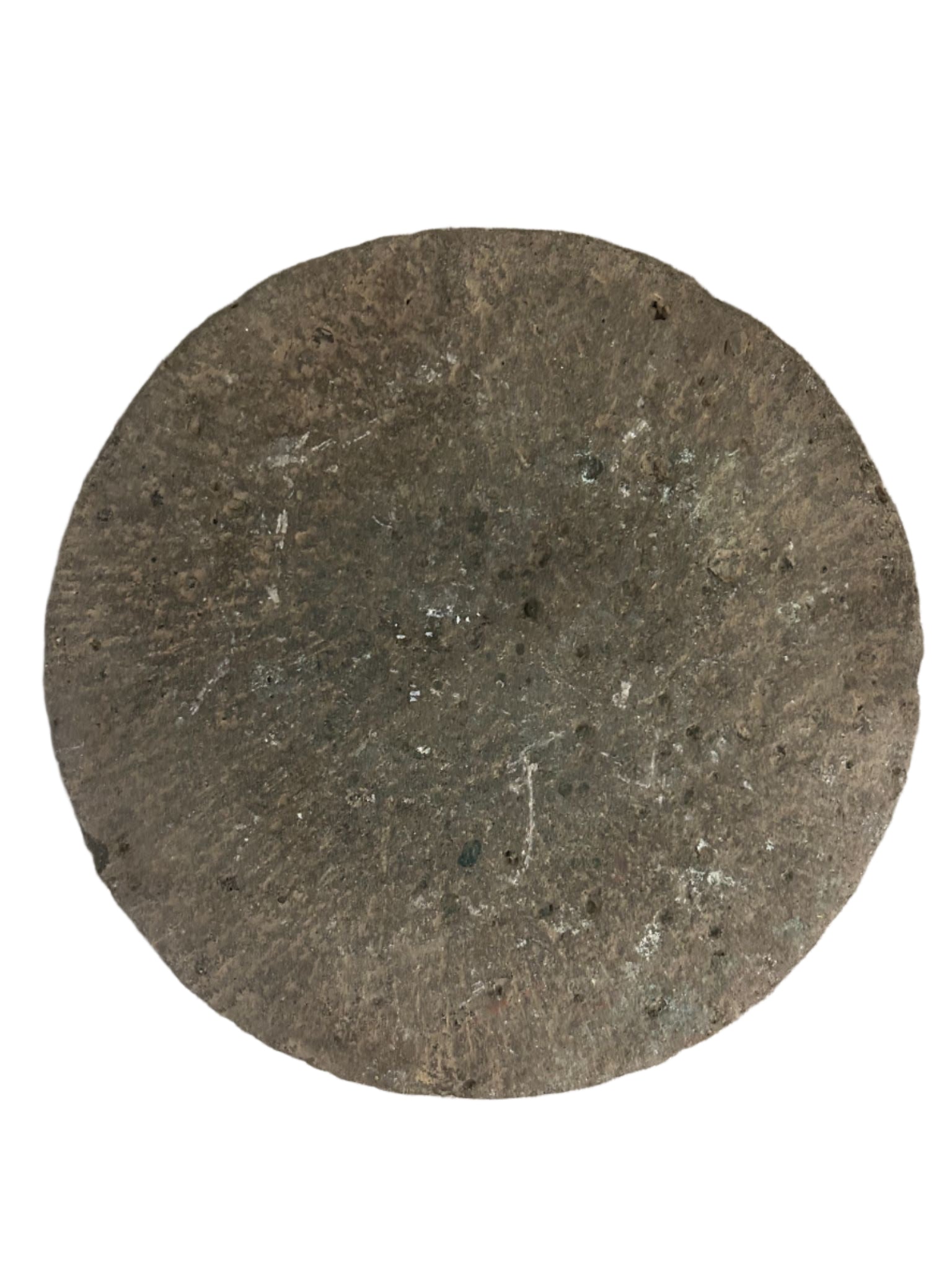 The Natural Stone Tray is an 11-inch round, flat, grey tray with a rough texture and scattered white marks, ideal for stone decor and photographed on a white background.