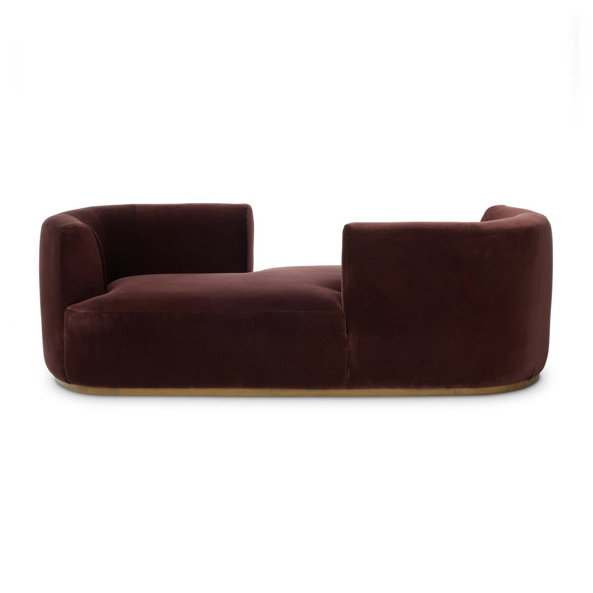 The Deandra Tete A Tete Chaise is a modern, low-profile large sofa with plush dark brown upholstery, thick rounded armrests, and a minimalist design on a slim light base. It measures 90.50 inches wide.