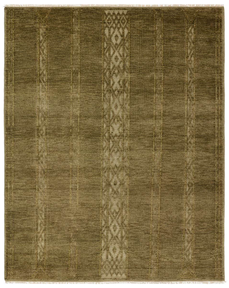 The Green Monochrome Diamond Wool Rug (8x10) features an olive hue with a subtle vertical geometric pattern of faint diamonds and chevrons. Its texture appears soft with slightly varied shading for added depth.