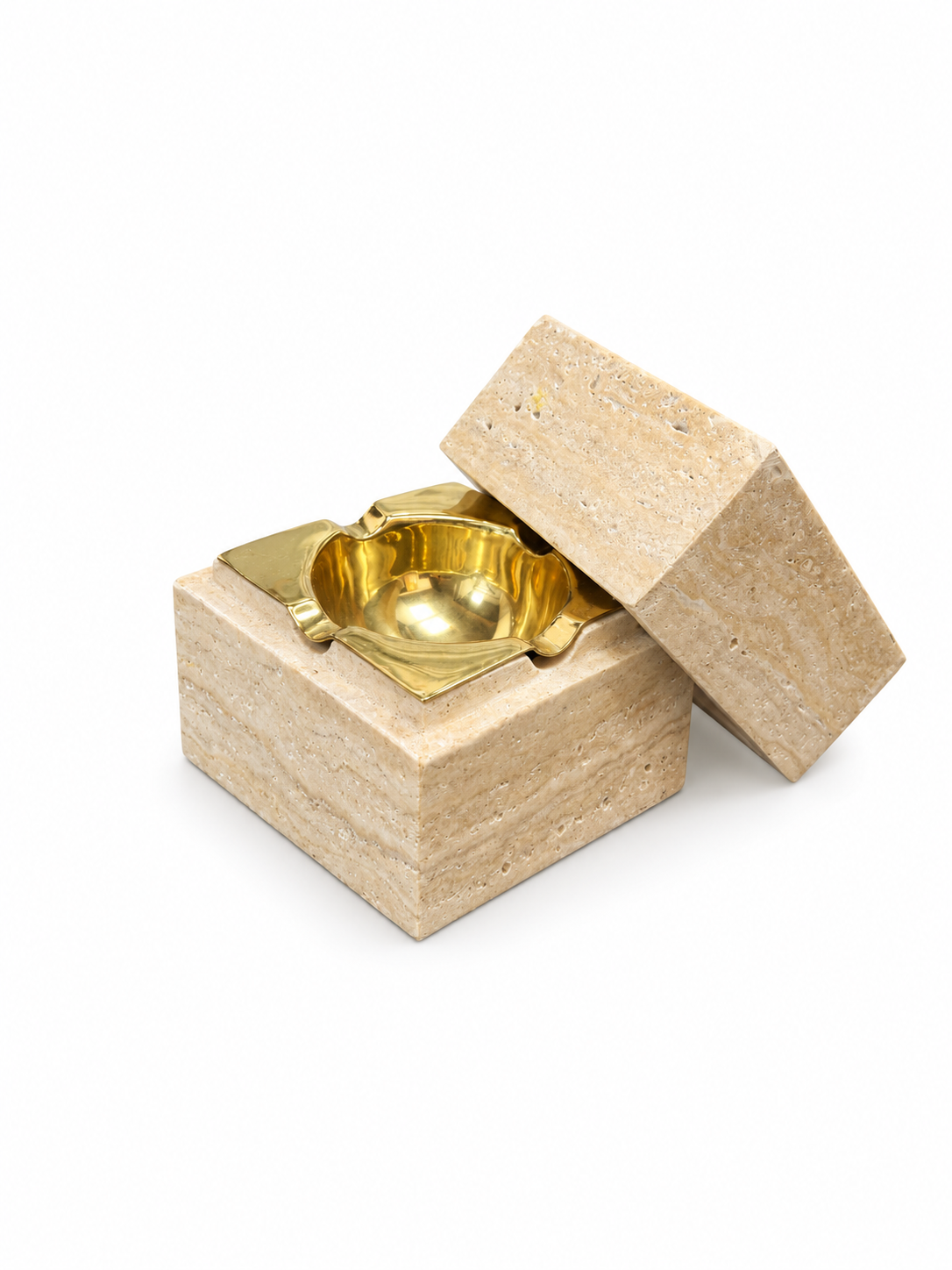 Travertine & Brass Box Ashtray in a square stone design with an open lid and a gold-toned metal insert.