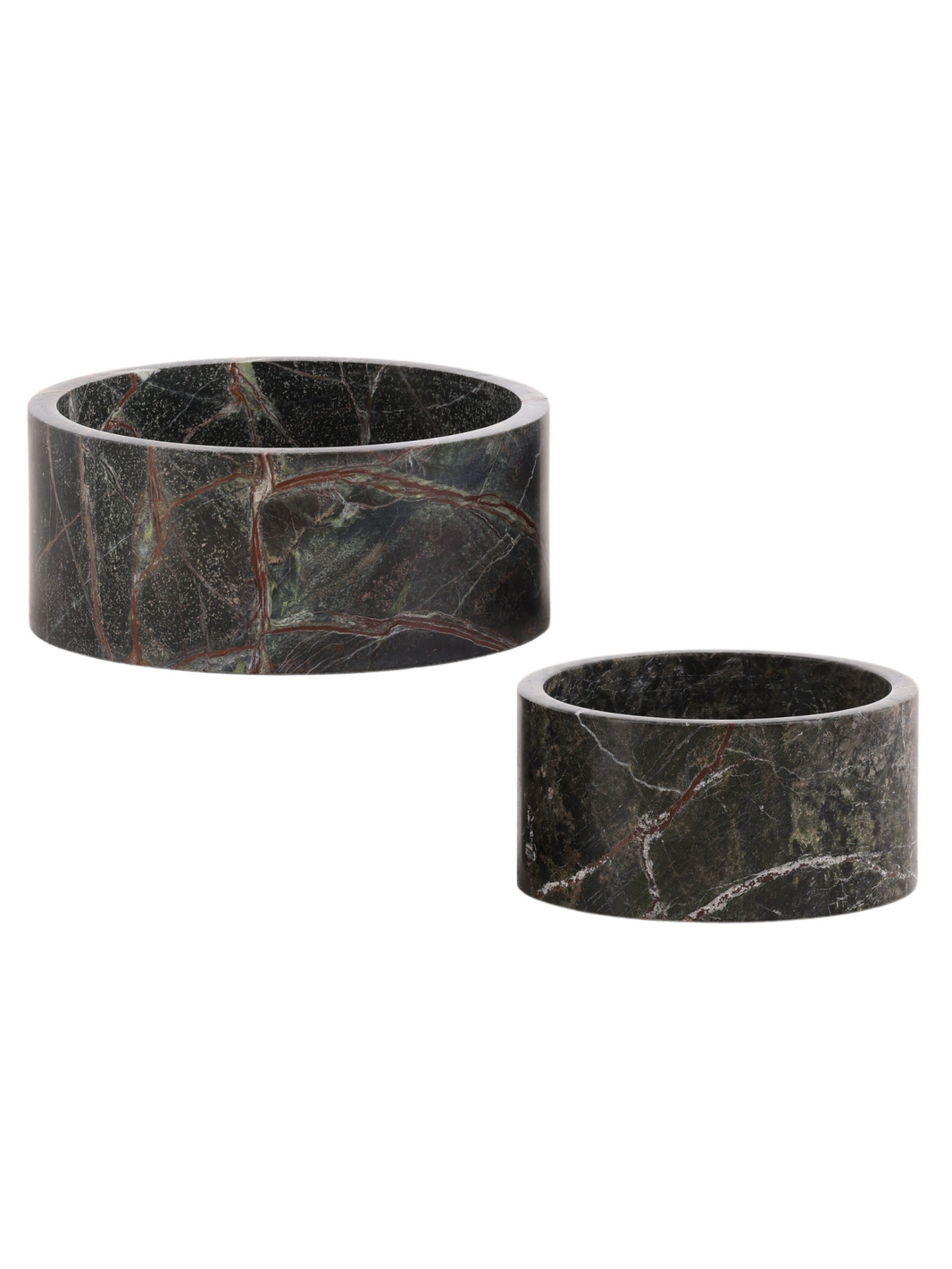 The Green Marble Bowl Set includes two round, polished bowls with eye-catching marbled patterns in green bidasar marble, black, and brown. The larger bowl is positioned behind and slightly to the left of the smaller one.