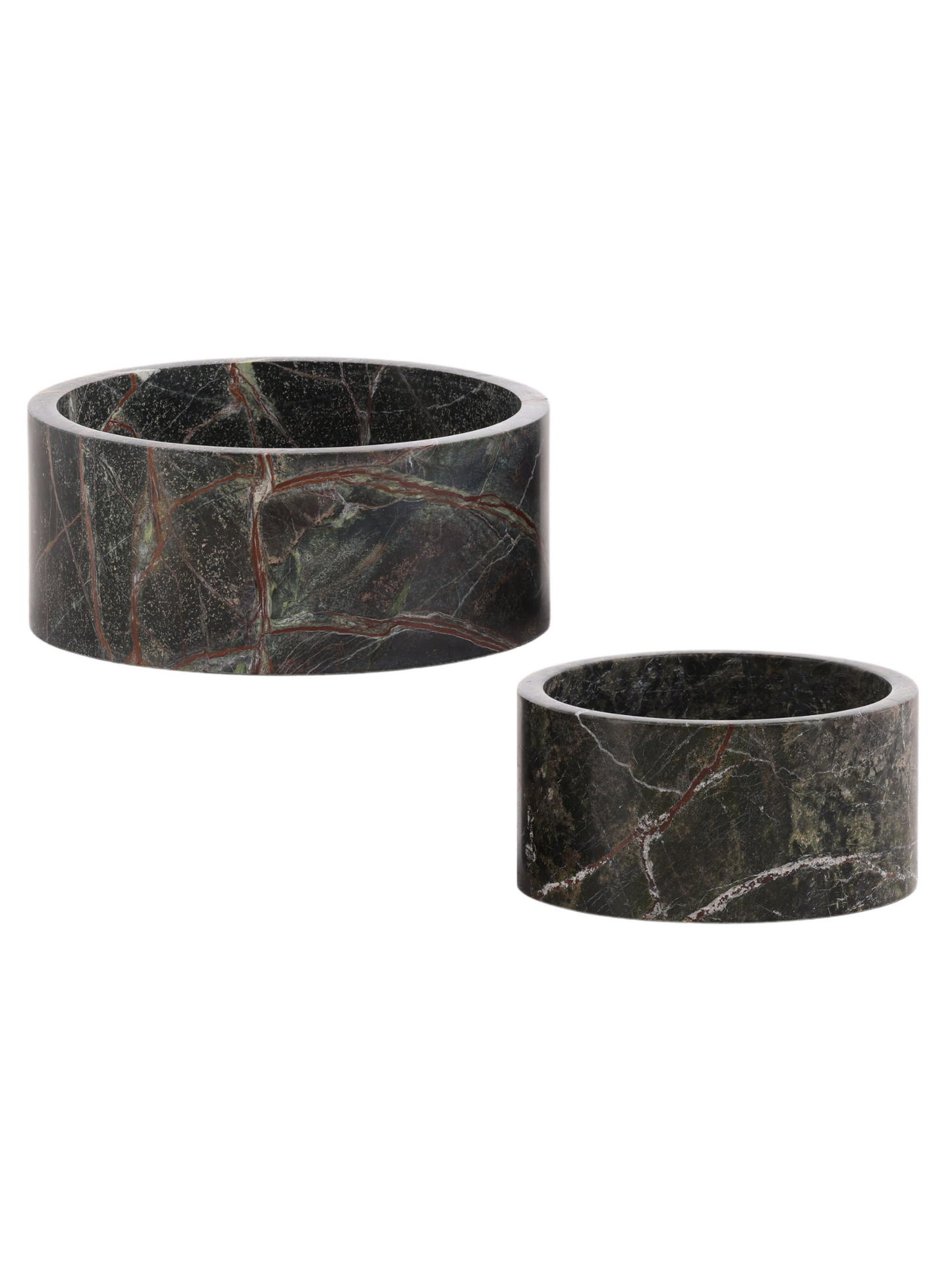 The Green Marble Bowl Set includes two round, polished bowls with eye-catching marbled patterns in green bidasar marble, black, and brown. The larger bowl is positioned behind and slightly to the left of the smaller one.