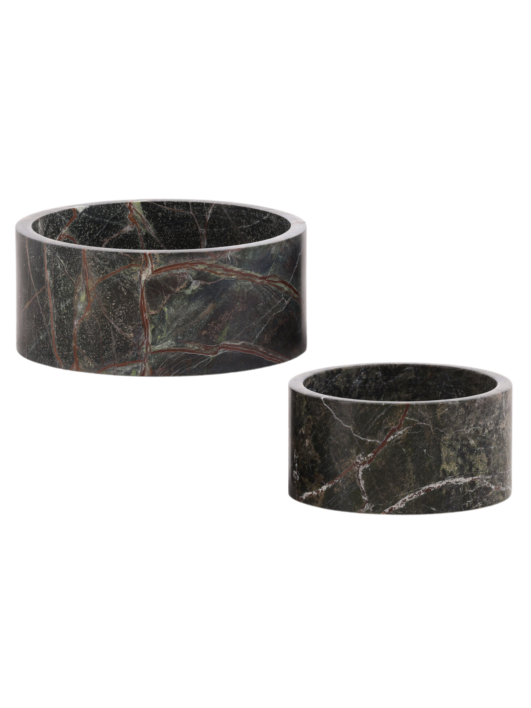 The Green Marble Bowl Set includes two round, polished bowls with eye-catching marbled patterns in green bidasar marble, black, and brown. The larger bowl is positioned behind and slightly to the left of the smaller one.