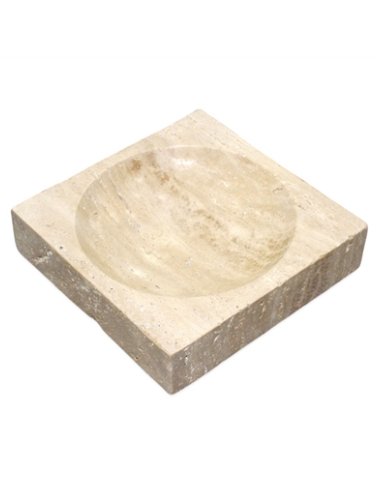 The Square Travertine Concave Dish is a shallow, square beige tray with a smooth center depression—perfect as minimalist stone decor for modern spaces.