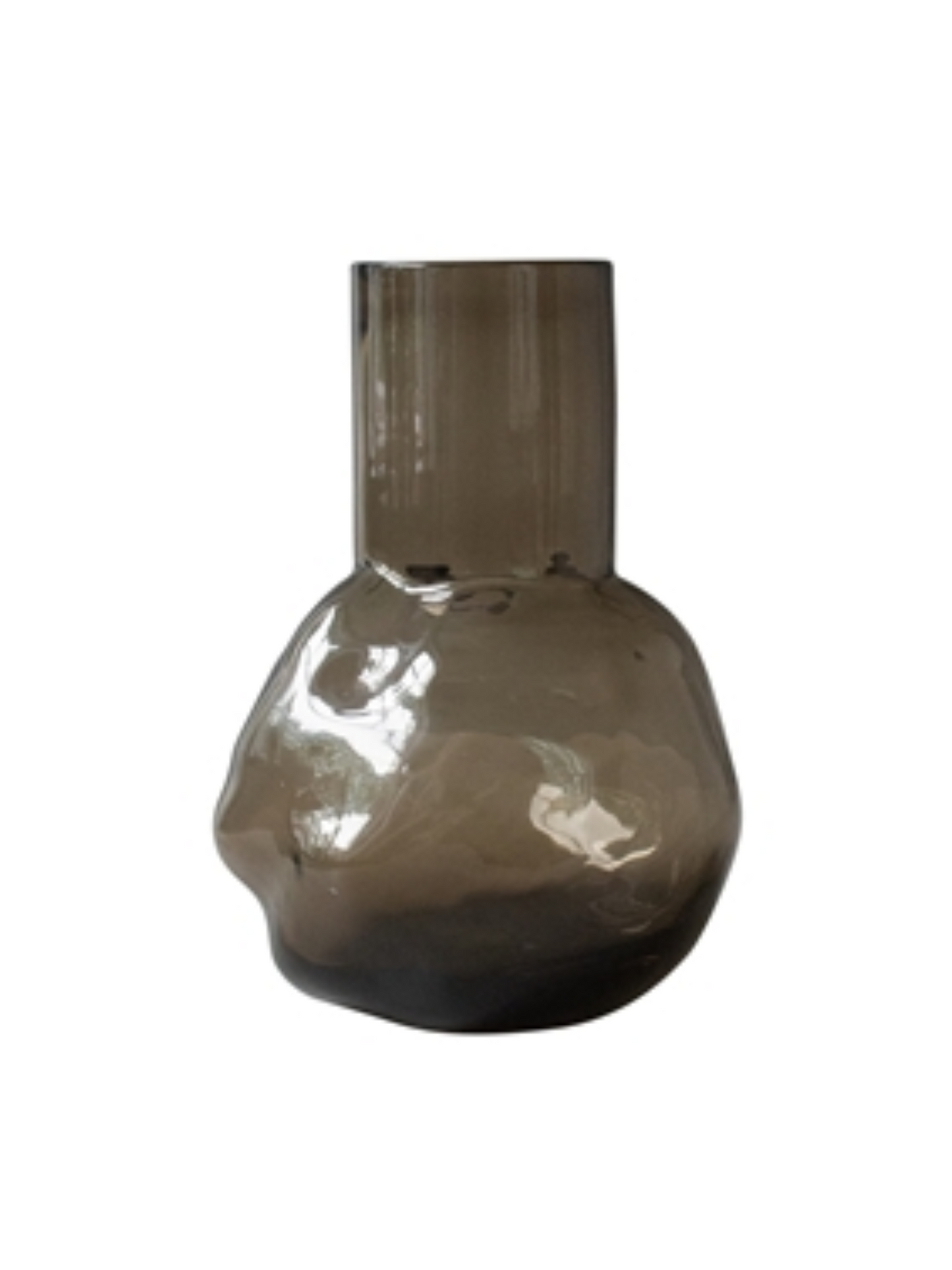 The Bunch Glass Vase features transparent smoky gray glass, an irregular asymmetrical shape, and a cylindrical neck. It stands 8 inches tall and is shown against a white background.