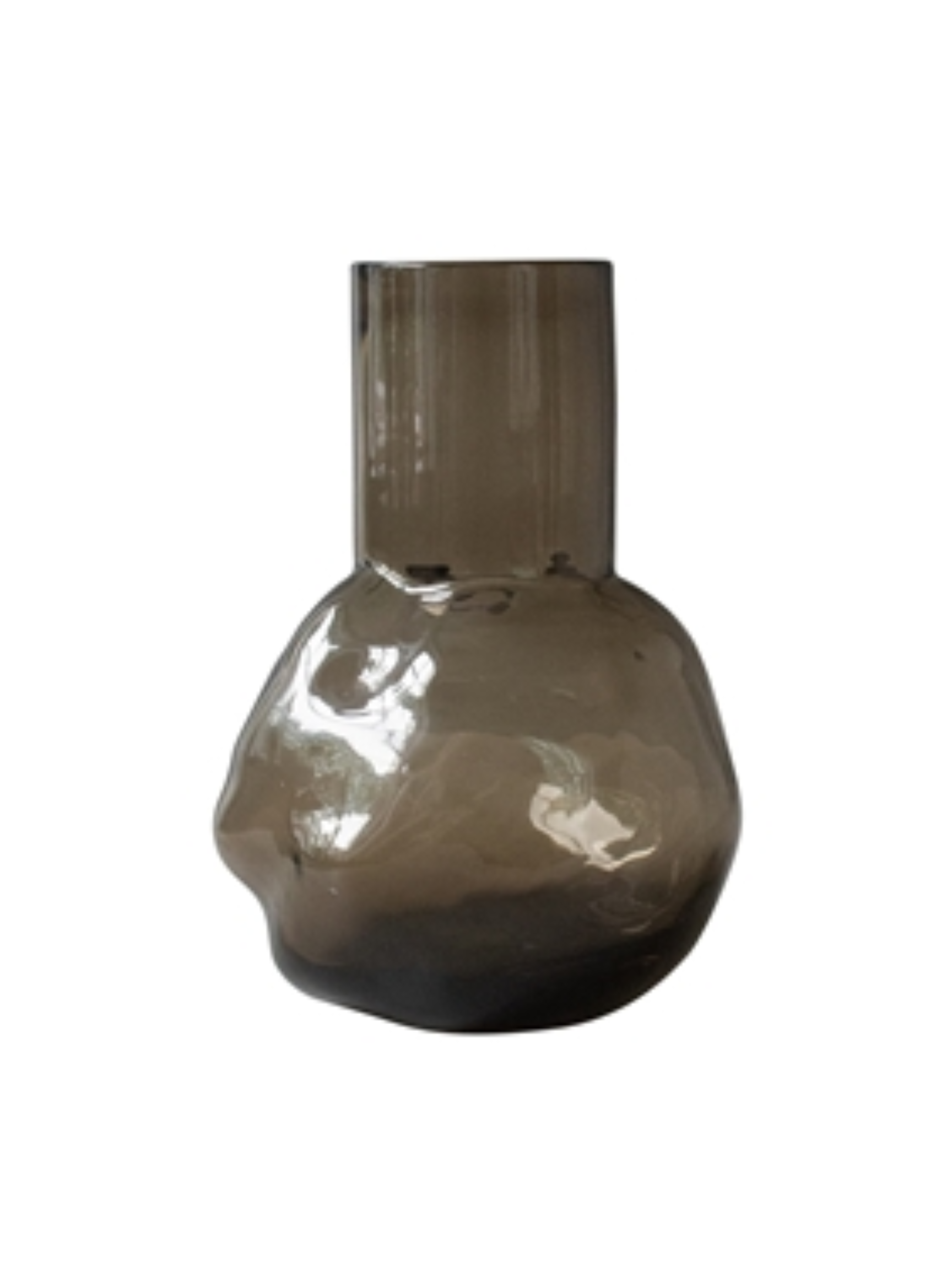 The Bunch Glass Vase features transparent smoky gray glass, an irregular asymmetrical shape, and a cylindrical neck. It stands 8 inches tall and is shown against a white background.