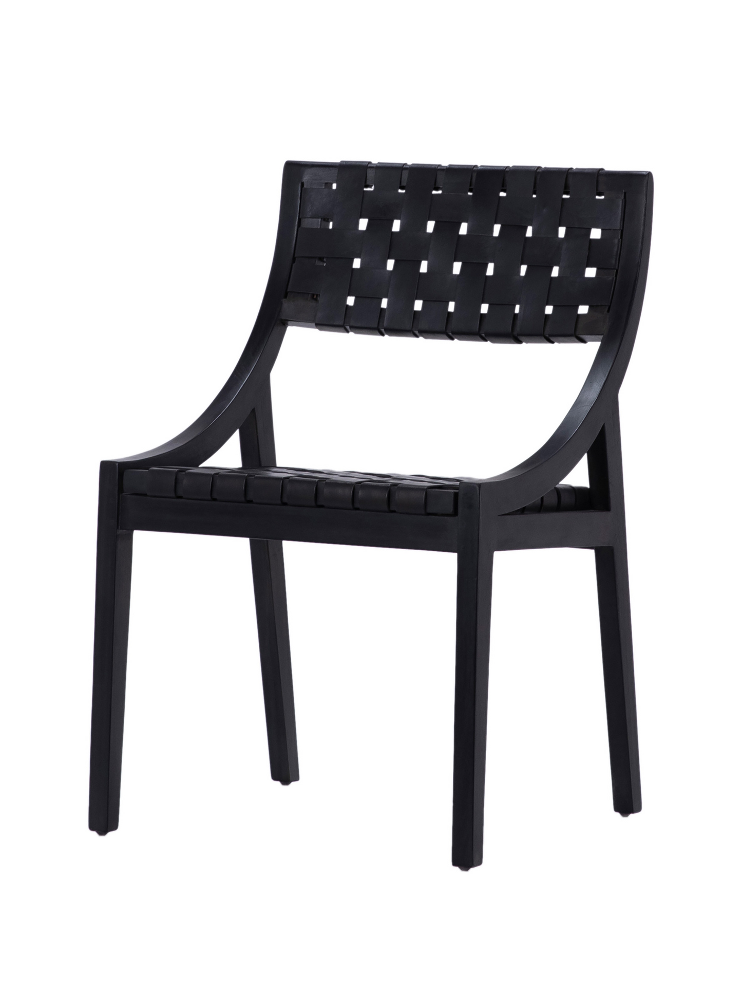 The Woven Leather Dining Chair features a sleek black woven leather seat and backrest, curved armrests, straight legs, and a modern minimalist design.