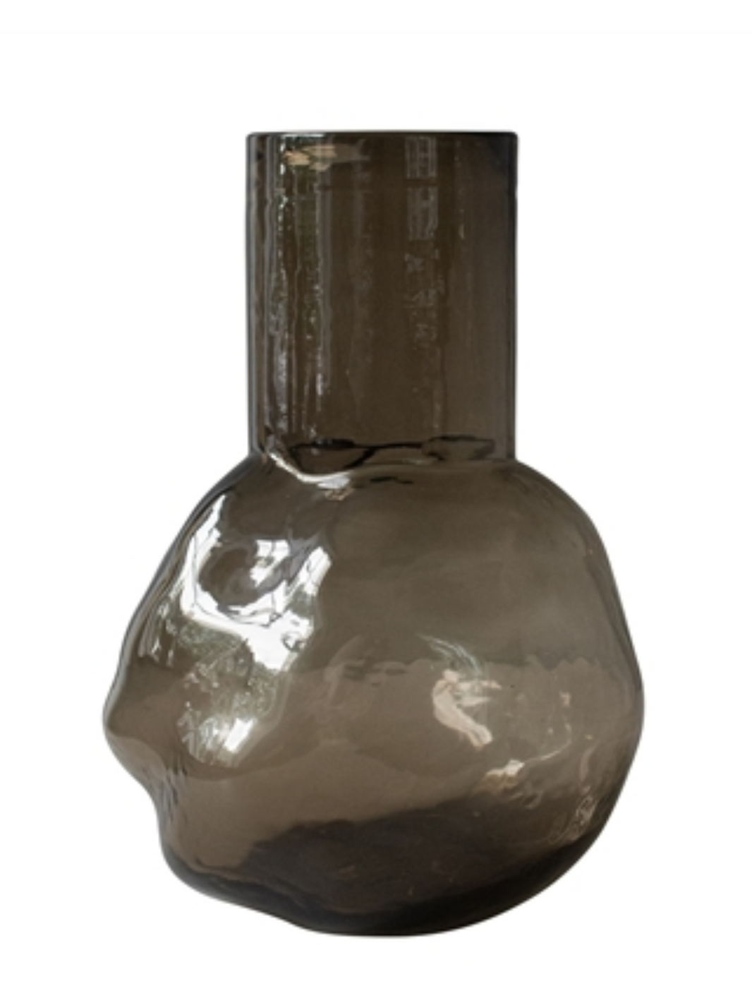 The Bunch Glass Vase features smoky gray glass, measures 12 x 7 x 4 inches, and has an irregular organic shape with a smooth cylindrical neck, evoking swirling brown smoke against a white background.