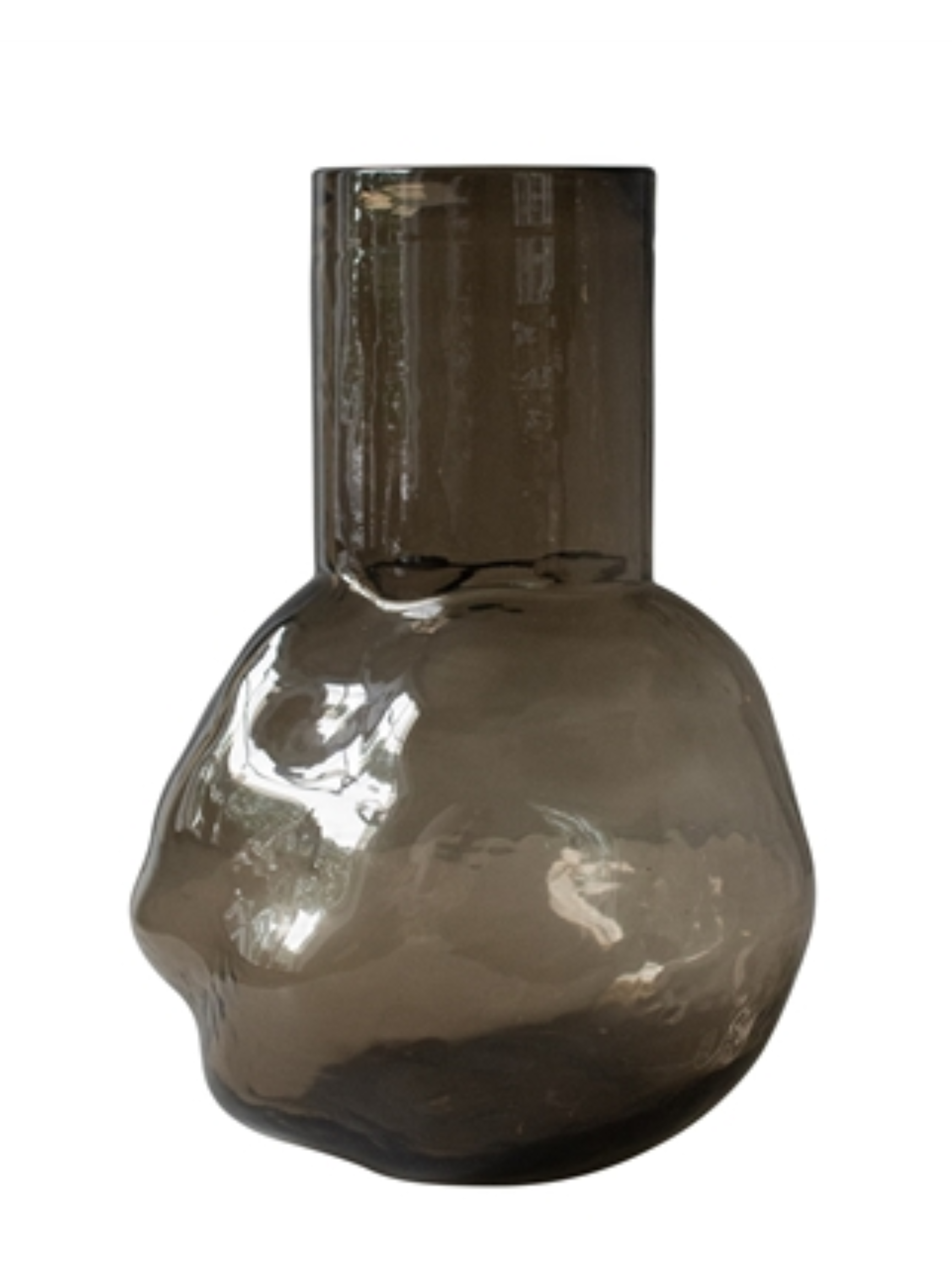 The Bunch Glass Vase features smoky gray glass, measures 12 x 7 x 4 inches, and has an irregular organic shape with a smooth cylindrical neck, evoking swirling brown smoke against a white background.