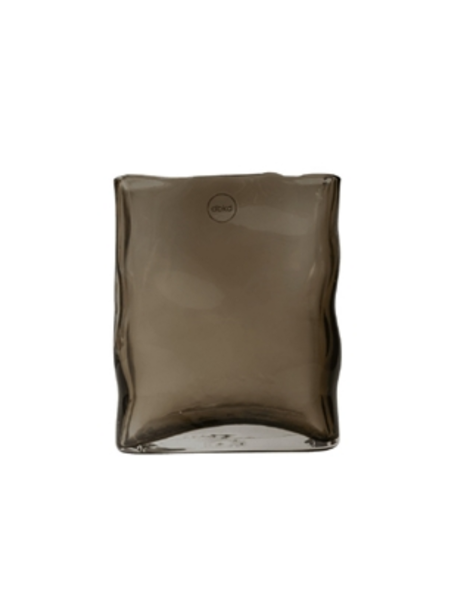 The Short Smoke Glass Vase, featuring a rectangular shape, smoky gray glass, and wavy uneven sides, measures 12 inches high by 8 inches wide and is displayed against a plain white background.