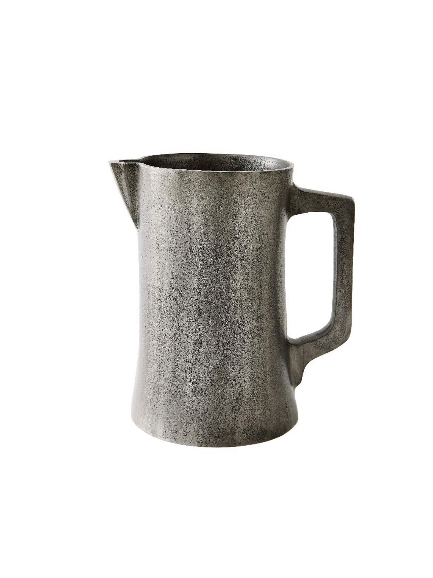 The Still Life Pitcher - Short is a metallic, textured sand cast aluminum pitcher with a wide base, narrow spout, and large rectangular handle, pictured against a plain white background.