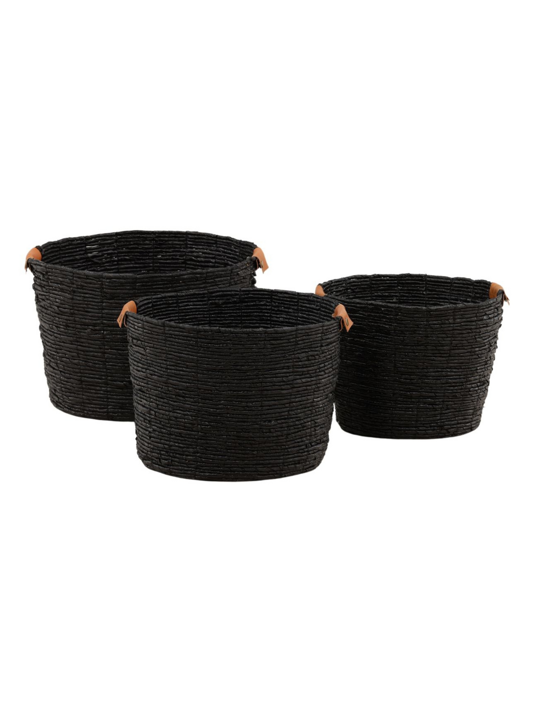 The Leather Detail Woven Basket (Set of 3) includes large, medium, and small black baskets with two brown handles each, shown on a white background.