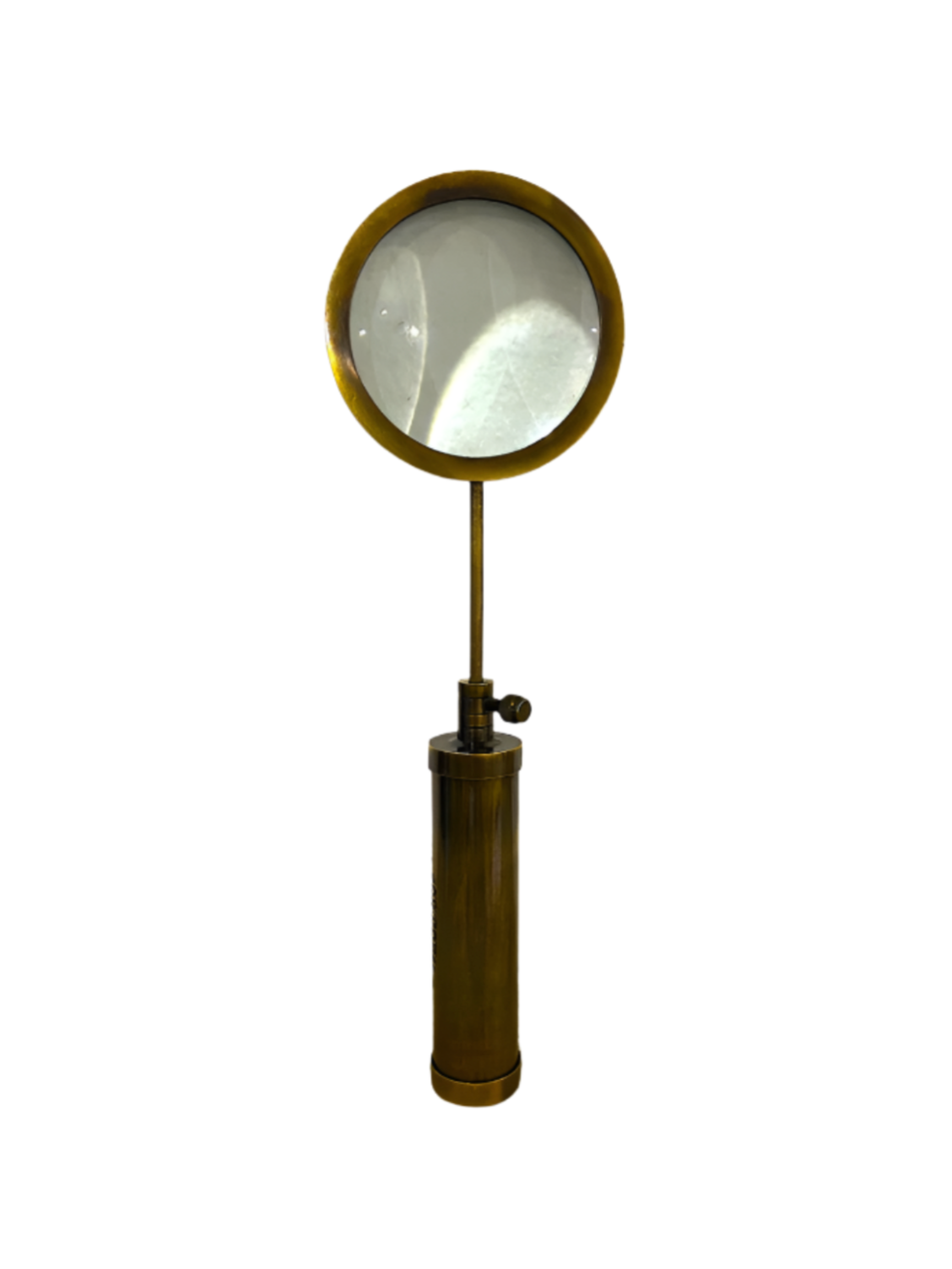 The Brass Magnifying Glass features an optical glass lens, adjustable handle, and classic vintage brass frame, isolated on a white background.