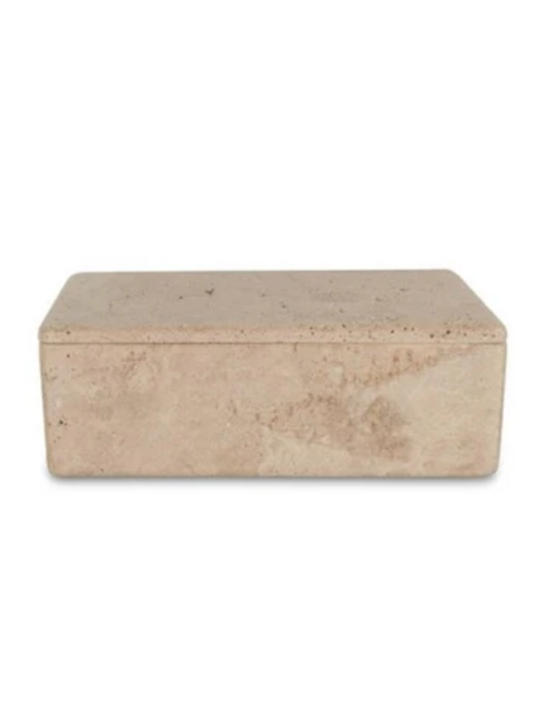 The Large Travertine Box with Lid features a smooth, cream-colored rectangular design and makes a beautiful decorative accent, shown from the front against a plain white background.