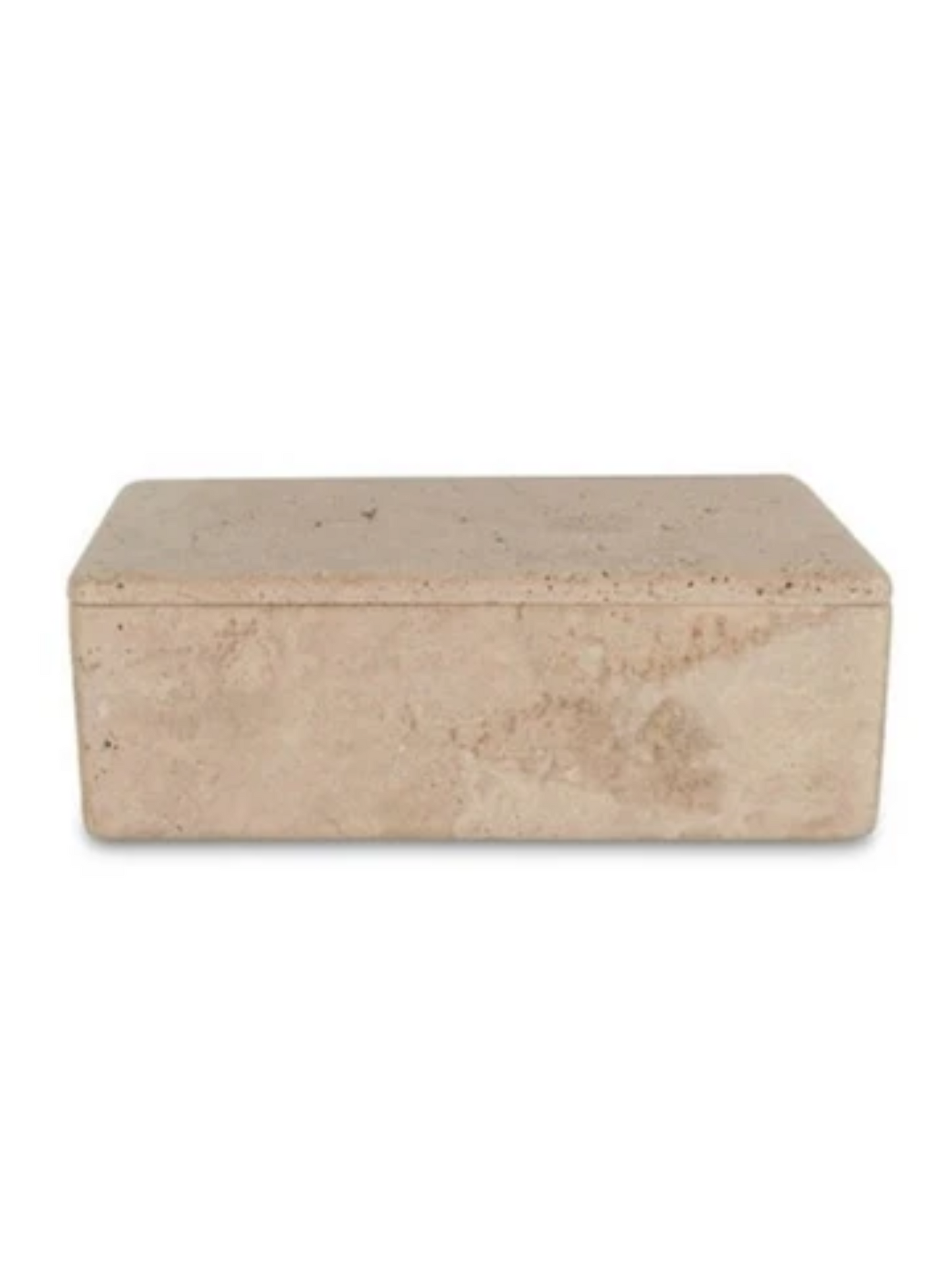 The Large Travertine Box with Lid features a smooth, cream-colored rectangular design and makes a beautiful decorative accent, shown from the front against a plain white background.