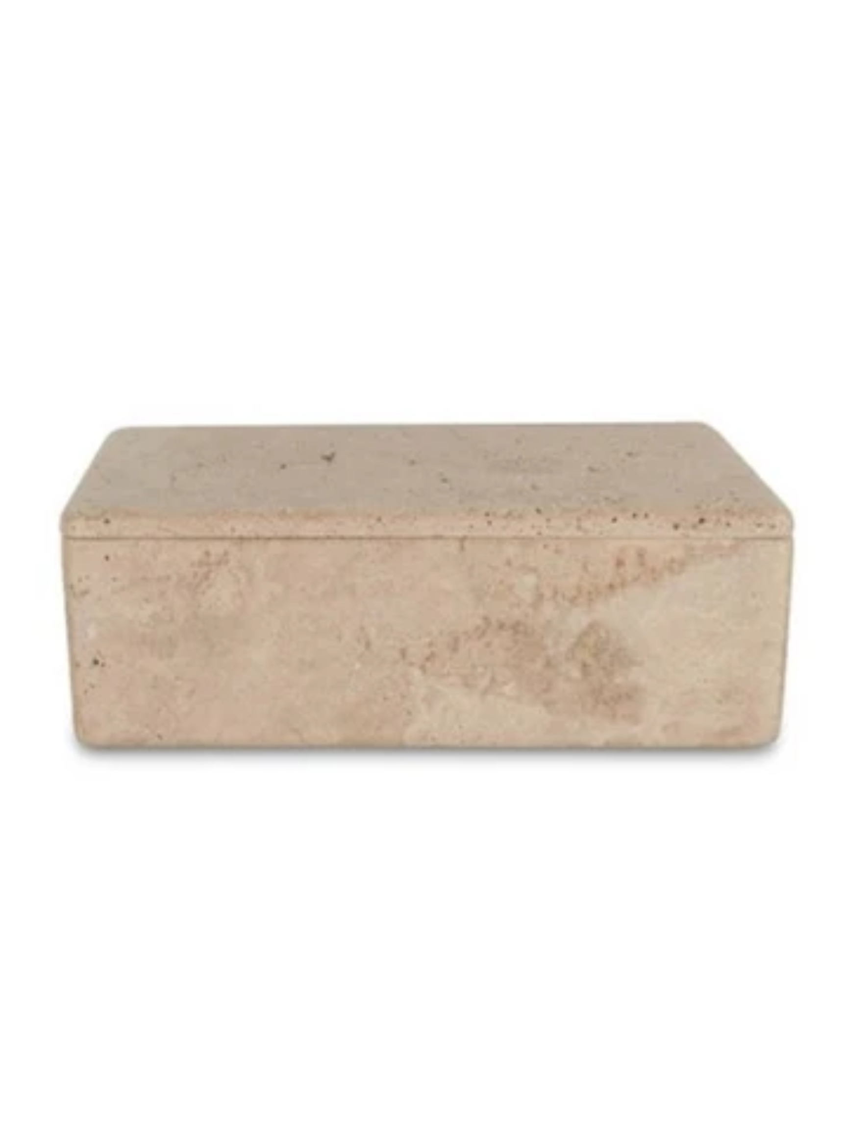 The Large Travertine Box with Lid features a smooth, cream-colored rectangular design and makes a beautiful decorative accent, shown from the front against a plain white background.