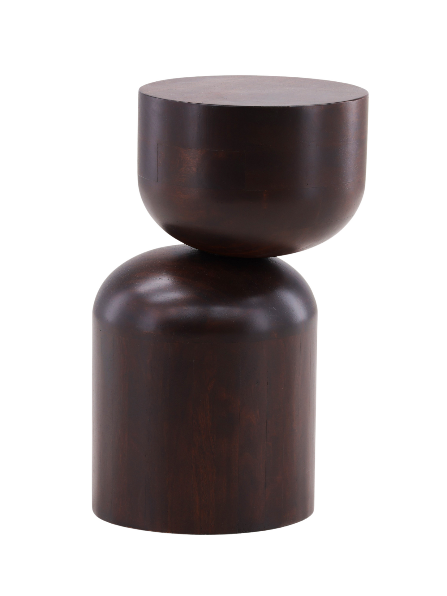 The Sculptural Wood End Table features two unevenly stacked cylindrical forms in dark brown mango wood, creating a modern and artistic look against a white background.
