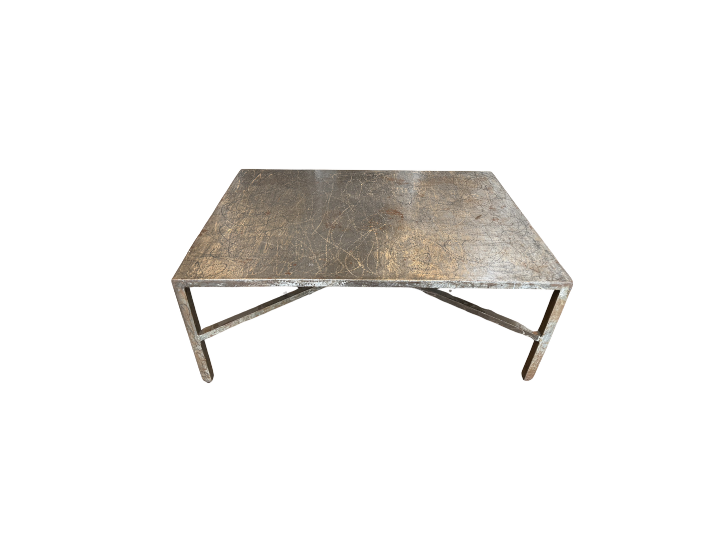 The Vintage Metal Zinc Coffee Table features a square shape, 17-inch height, scratched and worn finish, simple straight legs, and a crossbar support beneath, all set against a white background.