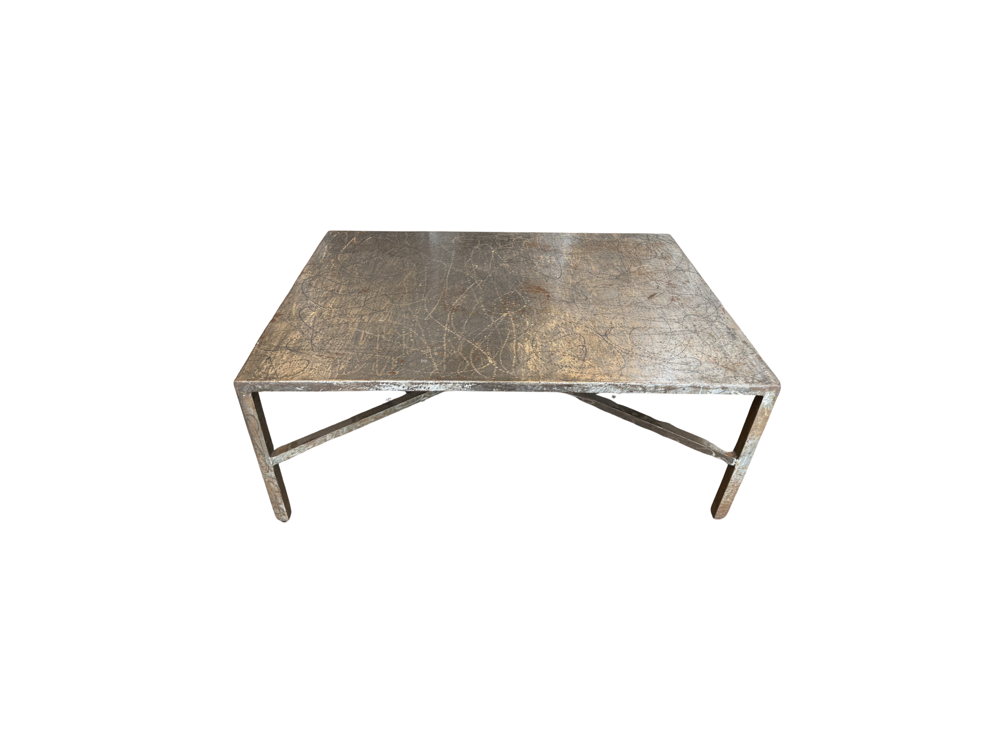 The Vintage Metal Zinc Coffee Table features a square shape, 17-inch height, scratched and worn finish, simple straight legs, and a crossbar support beneath, all set against a white background.