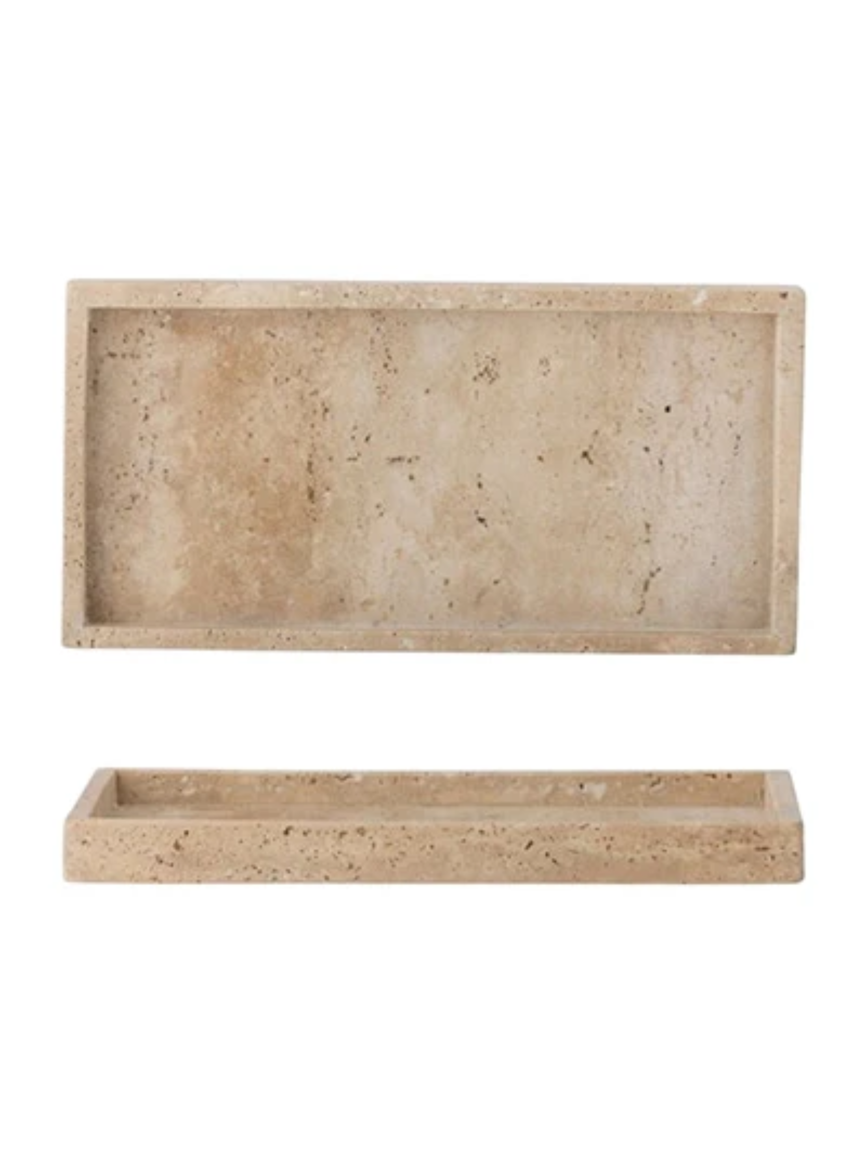 Two rectangular Small Travertine Trays in beige—one seen from above, one from the side—showcase smooth surfaces and shallow depth, making them perfect for elegant organization.