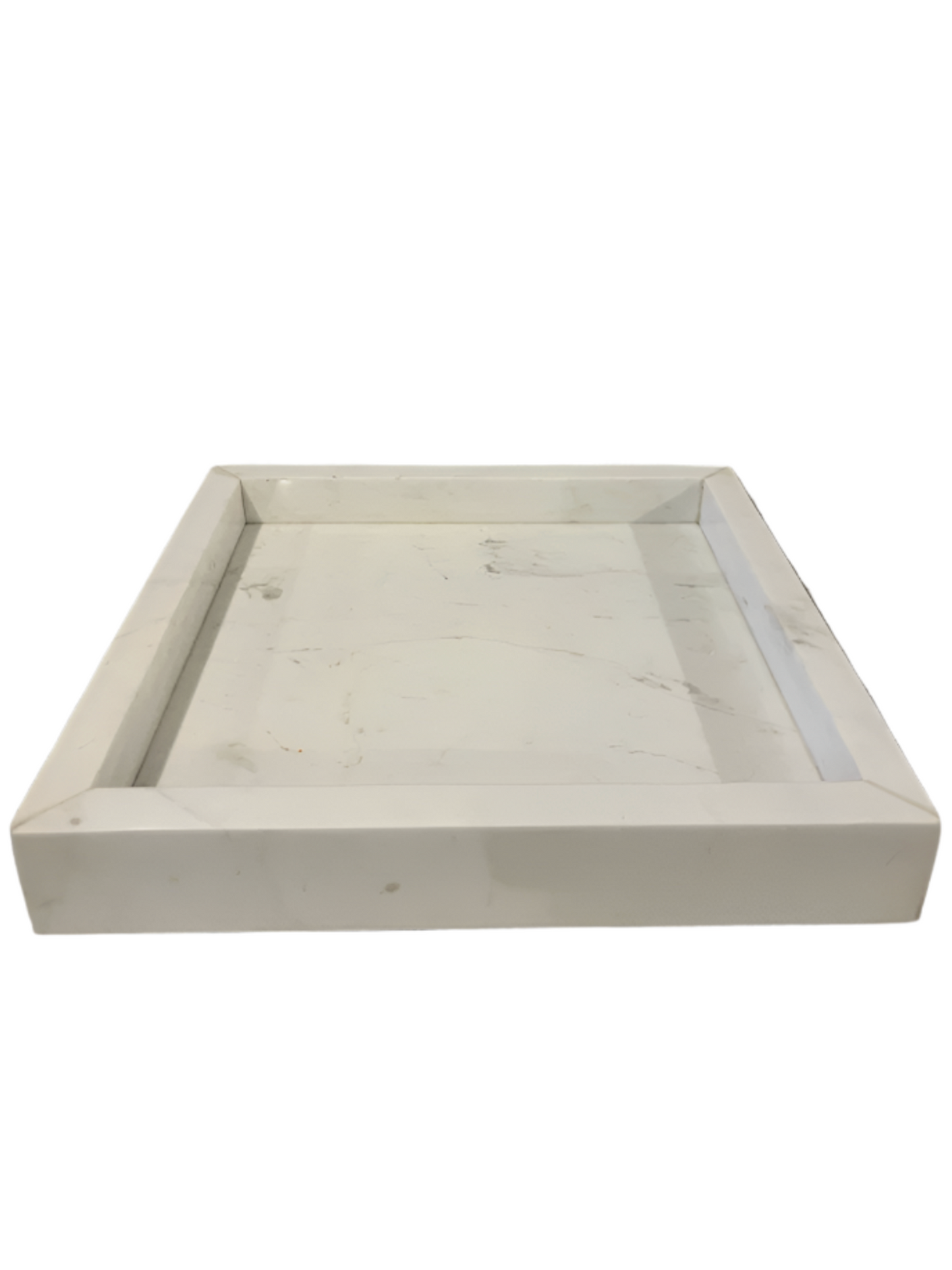 Square Carrara Marble Tray with raised edges, shown front-facing on a plain white background. It features subtle gray veining, and its square marble design makes it perfect for stylish organization or display.