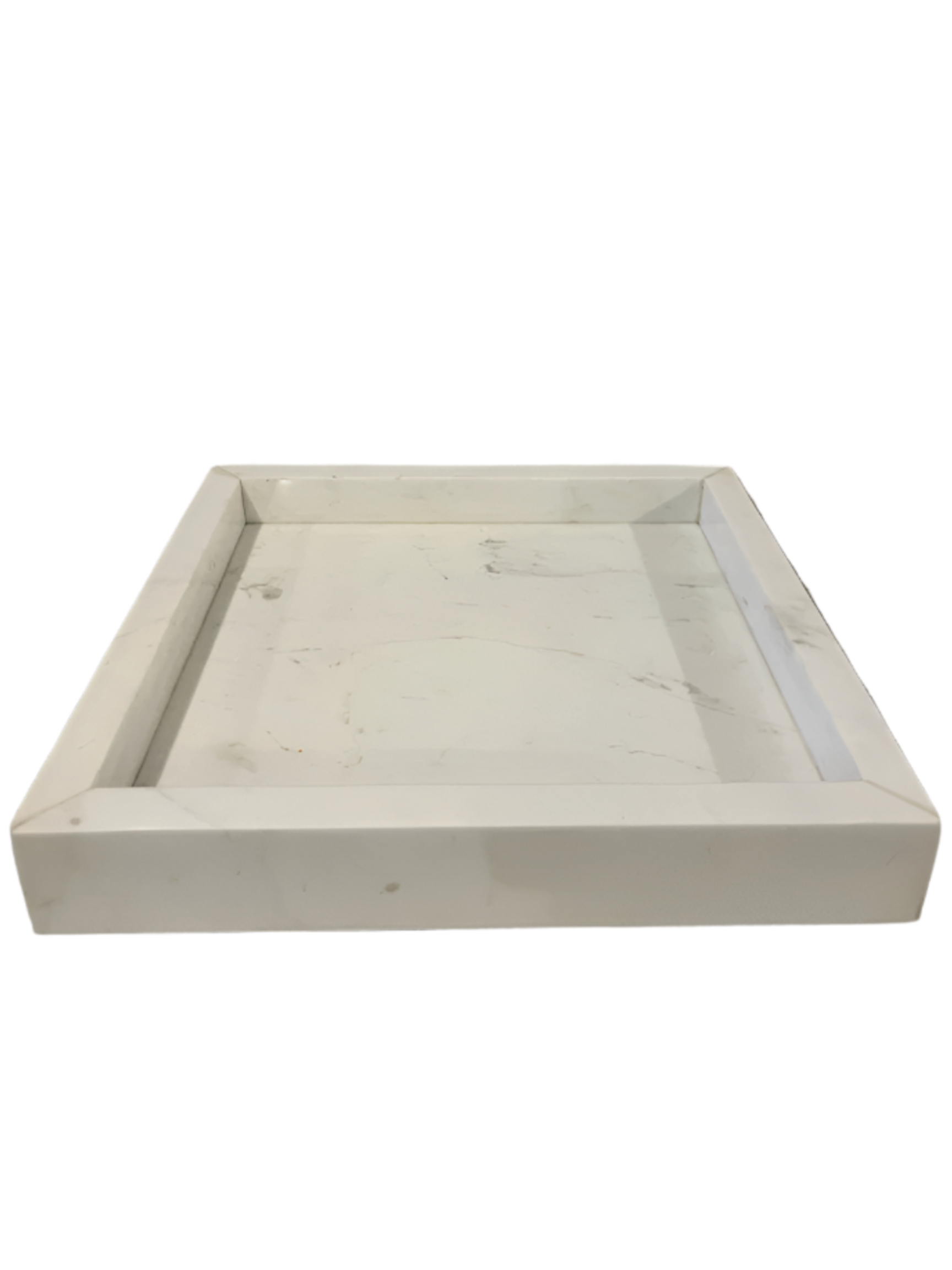 Square Carrara Marble Tray with raised edges, shown front-facing on a plain white background. It features subtle gray veining, and its square marble design makes it perfect for stylish organization or display.