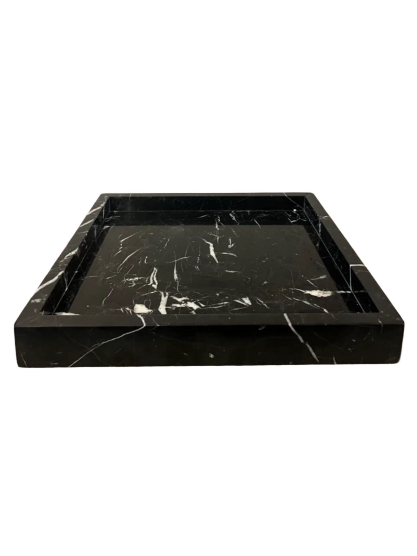 The Square Exotic Black Marble Tray features white veining, raised edges, and a smooth polished finish. Its dimensions are 15 3/4”, and it’s shown against a white background.