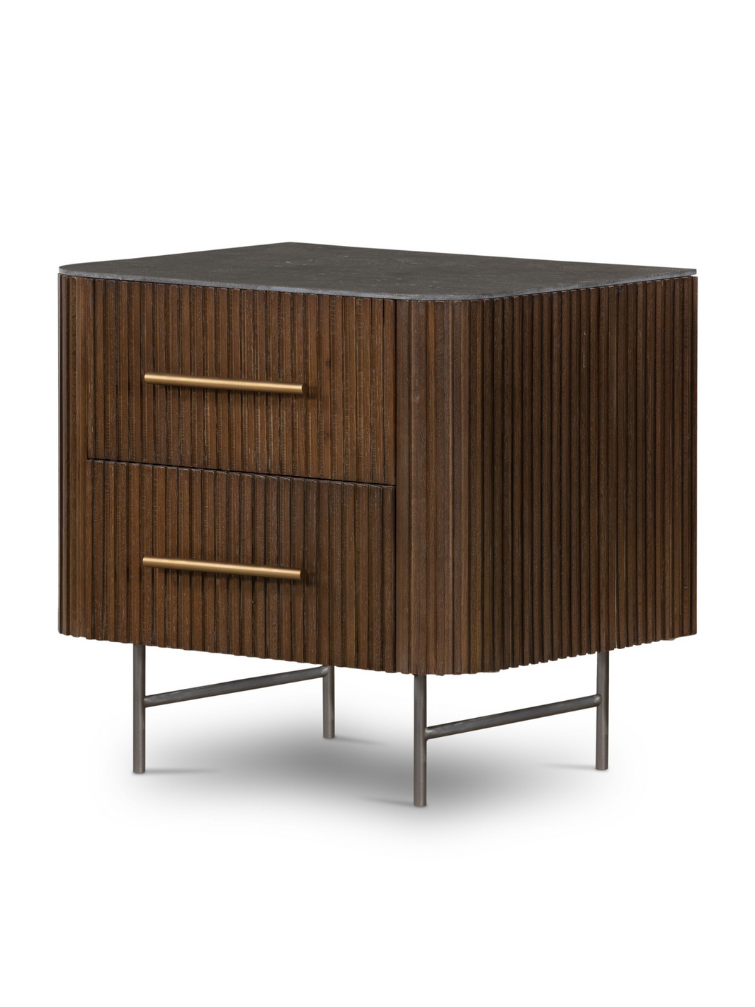Fluted Oak & Stone Nightstand - Dark Brown