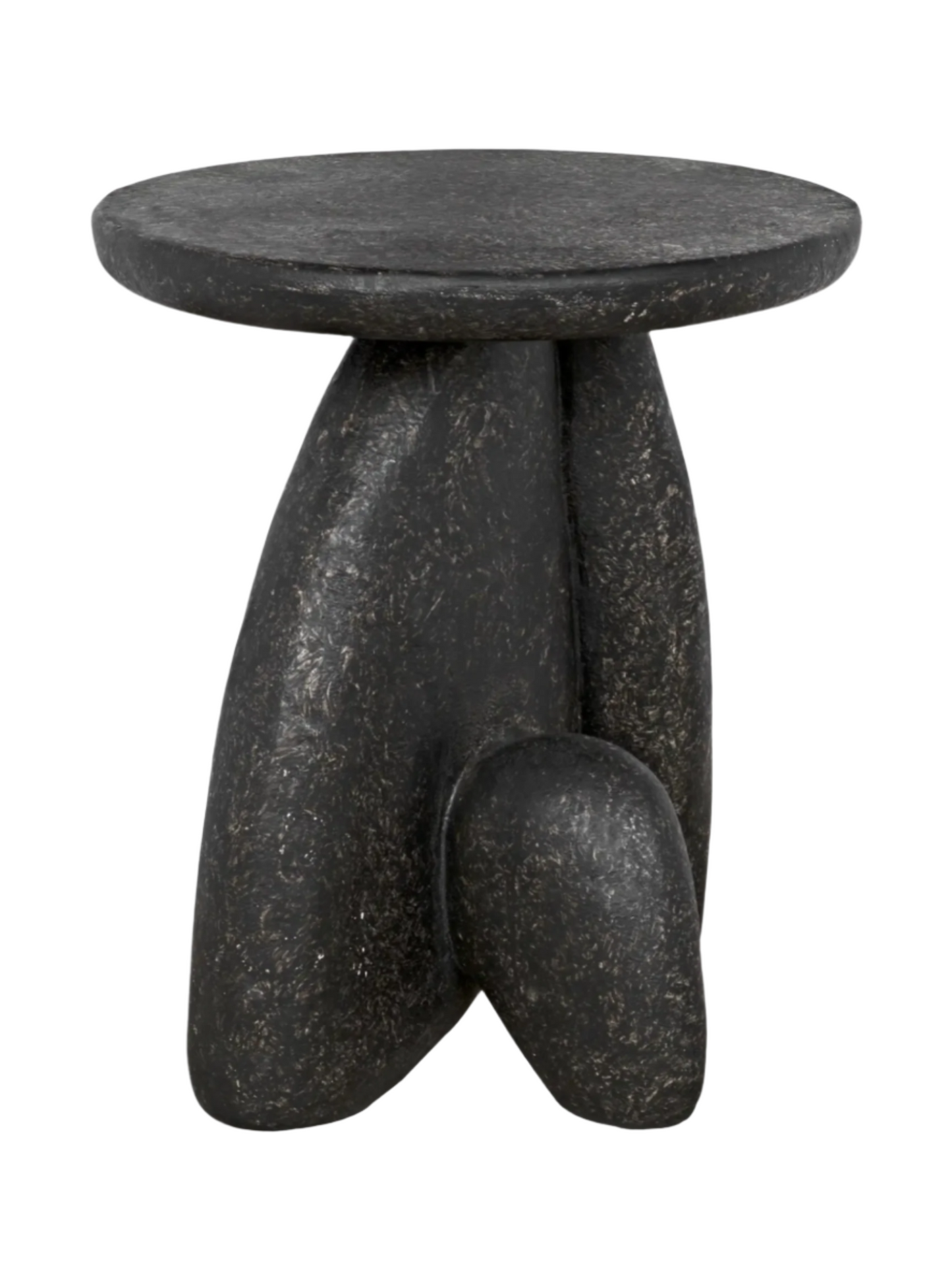 The Rock Formation Side Table is a small, round, black piece with a textured rustic stipple finish and three sculptural legs inspired by abstract organic forms—ideal as an indoor accent table.