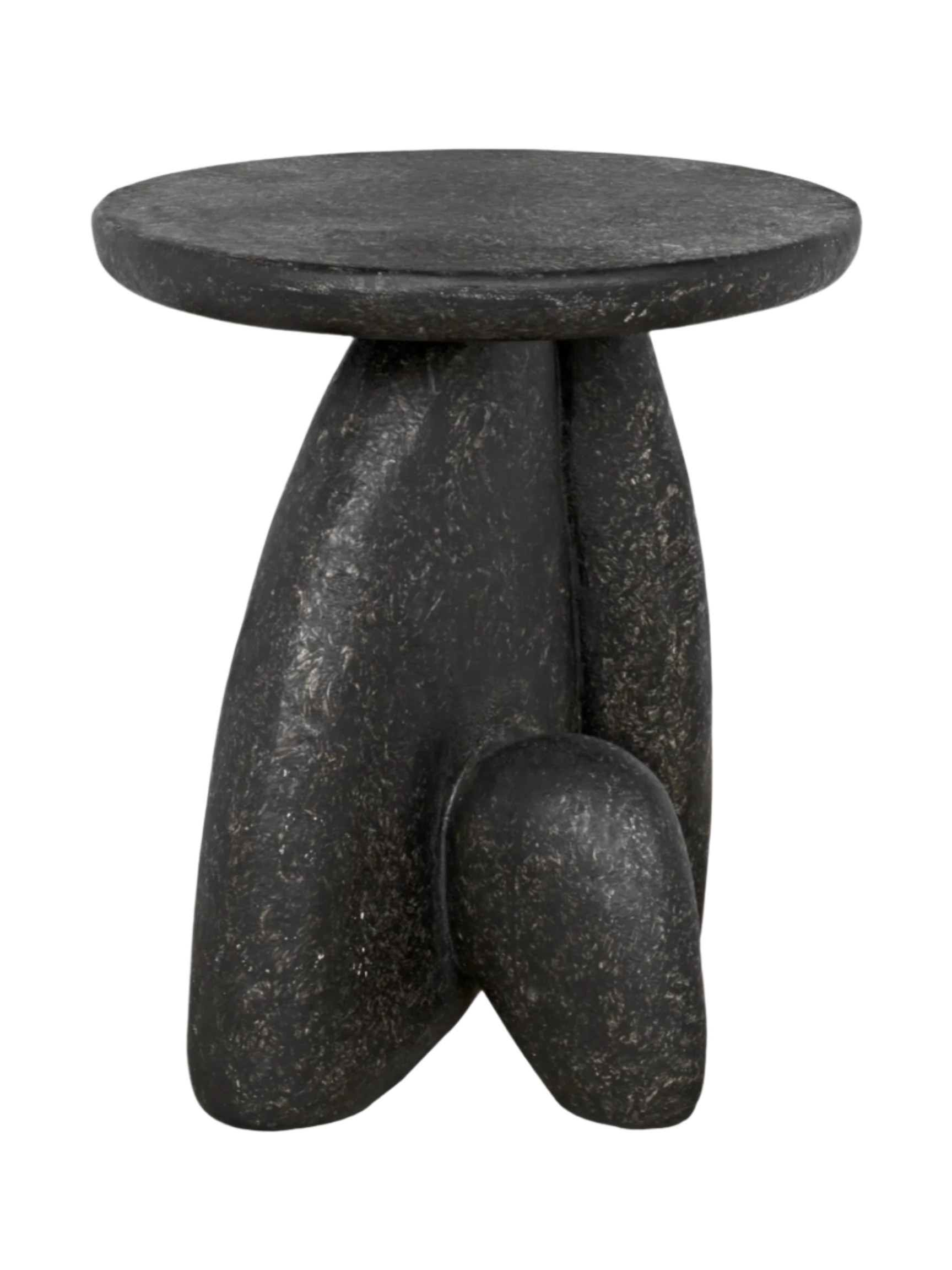 The Rock Formation Side Table is a small, round, black piece with a textured rustic stipple finish and three sculptural legs inspired by abstract organic forms—ideal as an indoor accent table.