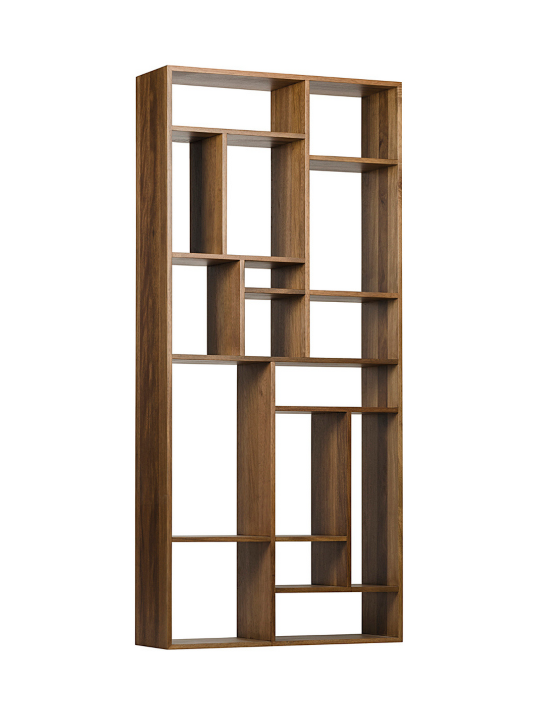 The Malic shelf in dark walnut offers stylish, multi-level storage, making it perfect for organizing your space with a modern touch.