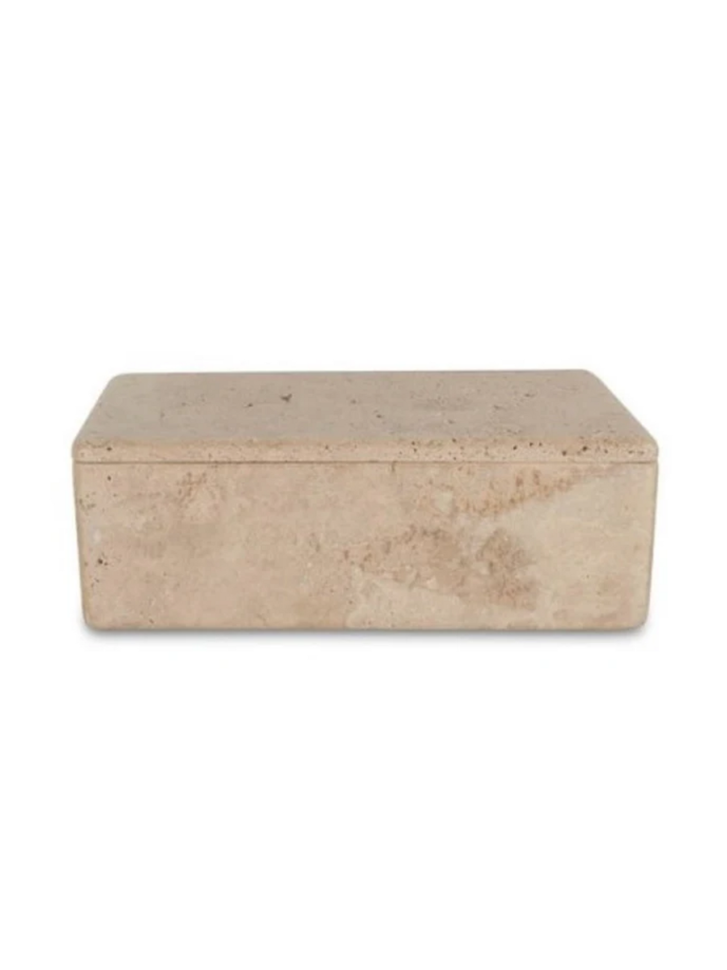 A beige Small Travertine Box with Lid features a smooth, rectangular design and subtle elegance, serving as a refined decorative accent reminiscent of travertine against a plain white background.