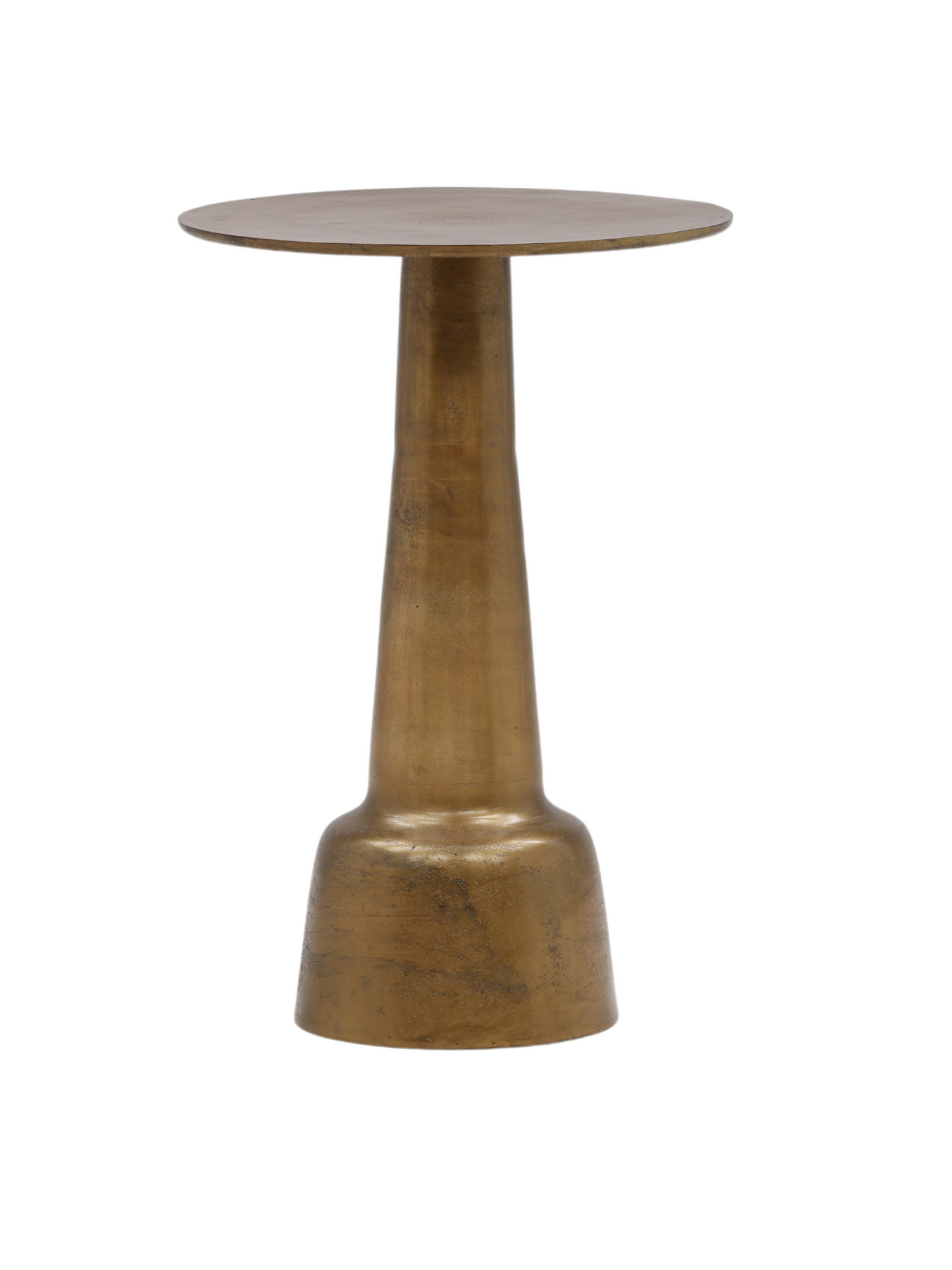 The Vintage Brass Finish End Table is a small, round aluminum side table with a gold-toned, cone-shaped pedestal base and vintage-inspired charm, shown against a plain white background.