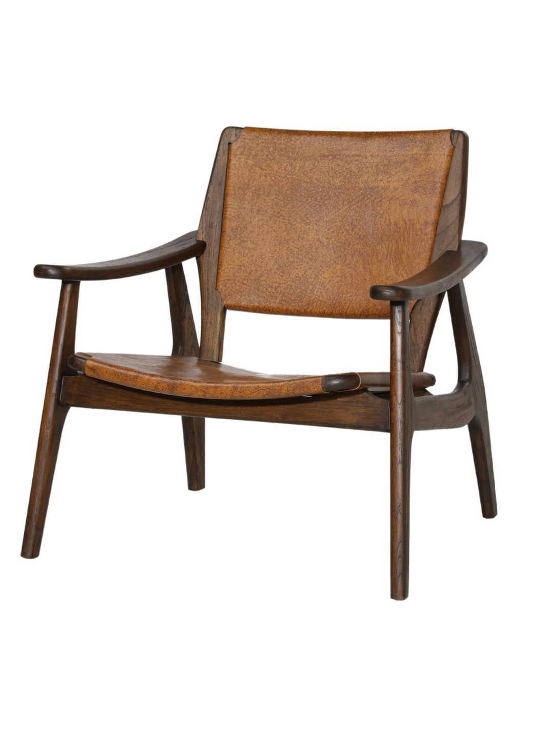 Worn Brown Leather & Wood Accent Chair