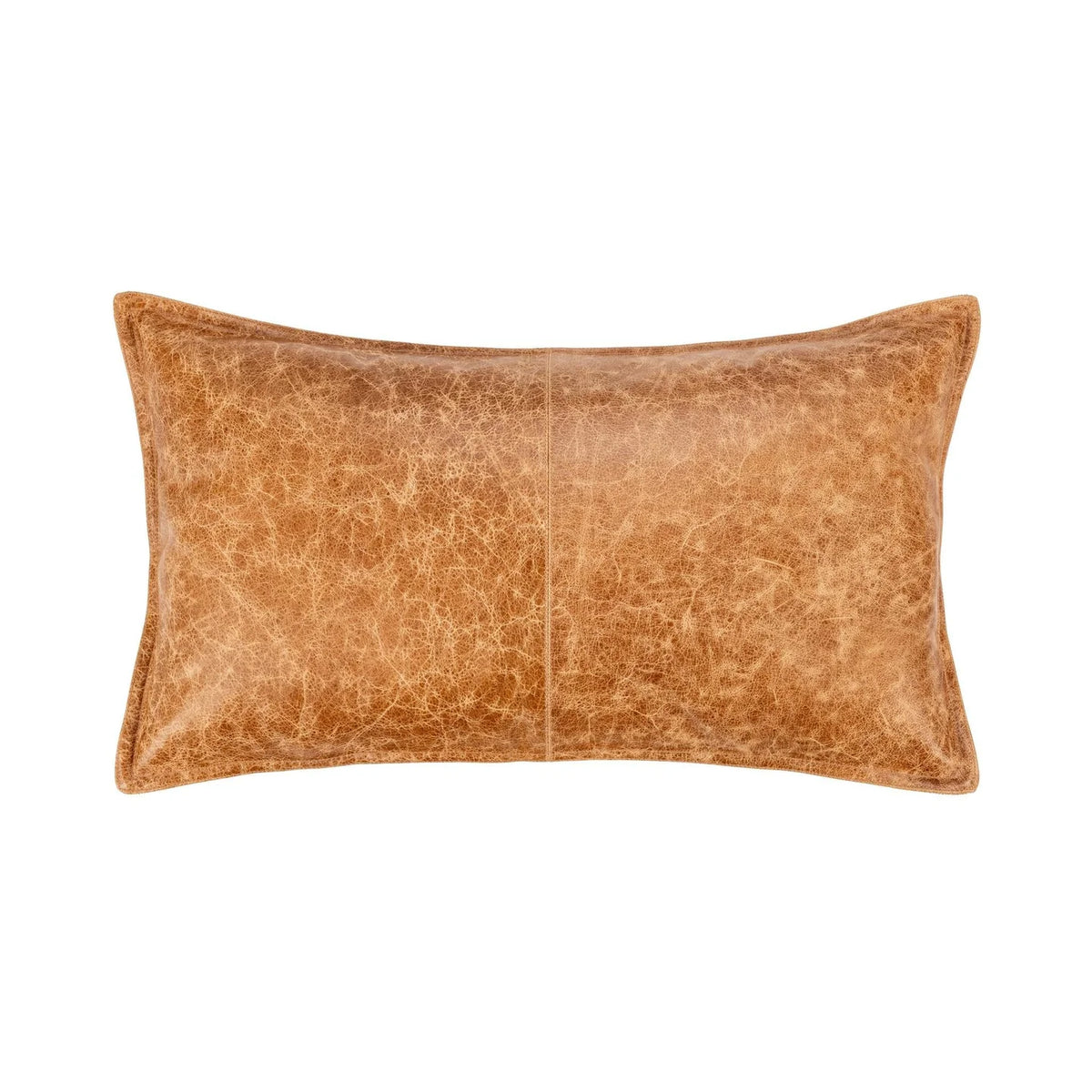 The Leather Lumbar Pillow is a rectangular tan leather accent measuring 14″ x 26″, featuring visible seams and a slightly distressed texture, displayed against a white background.