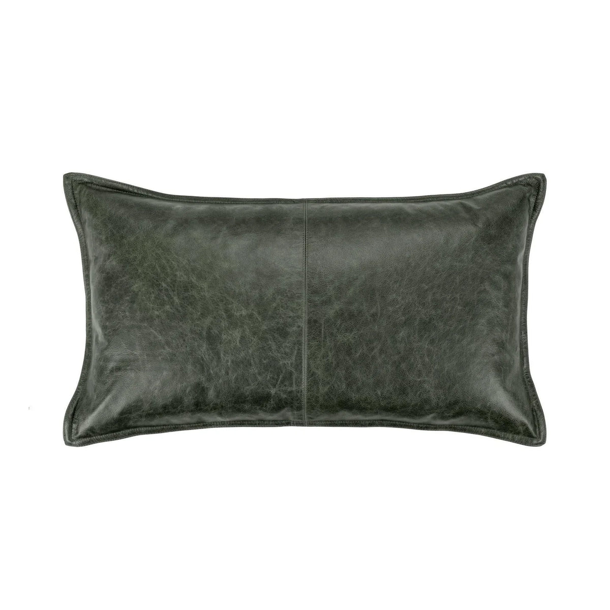 The Leather Lumbar Pillow features a rectangular shape in dark green leather, measuring 14″ x 26″, with visible edge stitching and a vertical central seam.