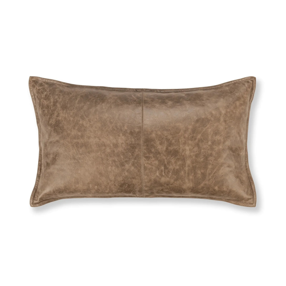 The Leather Lumbar Pillow, measuring 14″ x 26″, features brown leather with subtle center stitching and is displayed against a white background.