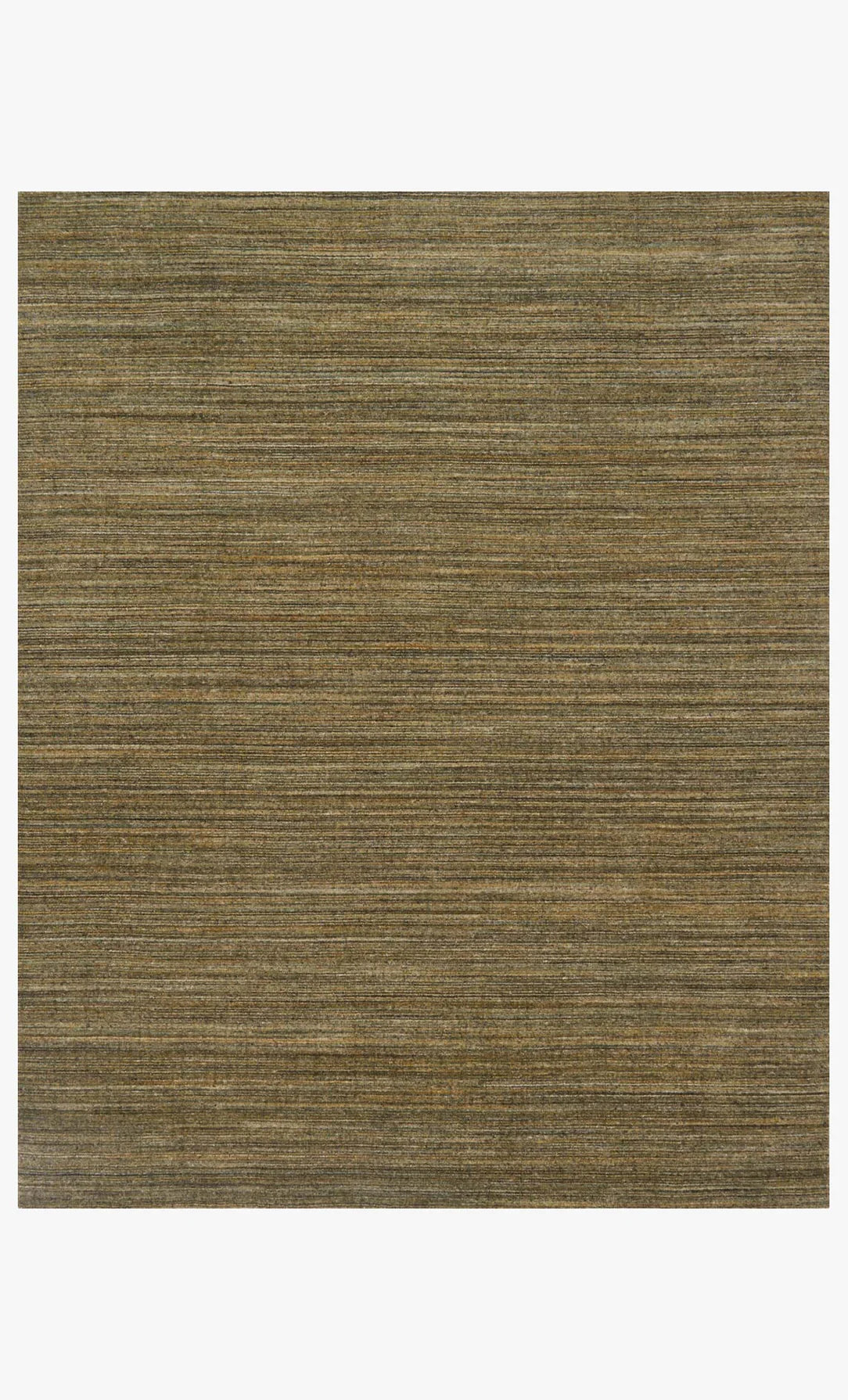 The Striated Wool Rug Collection 8'6 x11'6 is a hand loomed, rectangular rug with subtle horizontal stripes in brown and olive green, offering an earthy, textured look.
