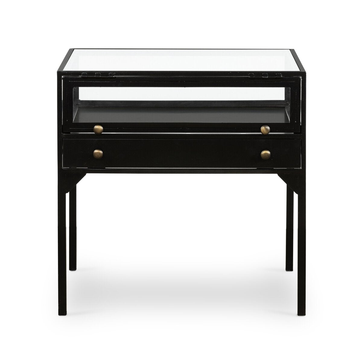 Shadow box End Table featuring a black square frame with a glass-topped display compartment and a single drawer with two brass-toned knobs.