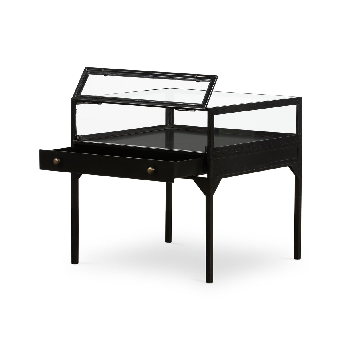 Shadow box End Table featuring a black metal square frame, a glass-topped display compartment, and a single pull-out drawer.