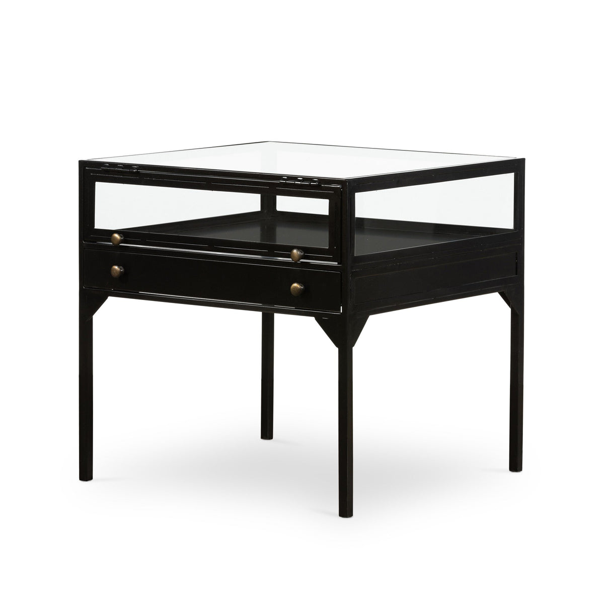 Black metal Shadow box End Table featuring a glass-topped display compartment and a single drawer with two small knobs.