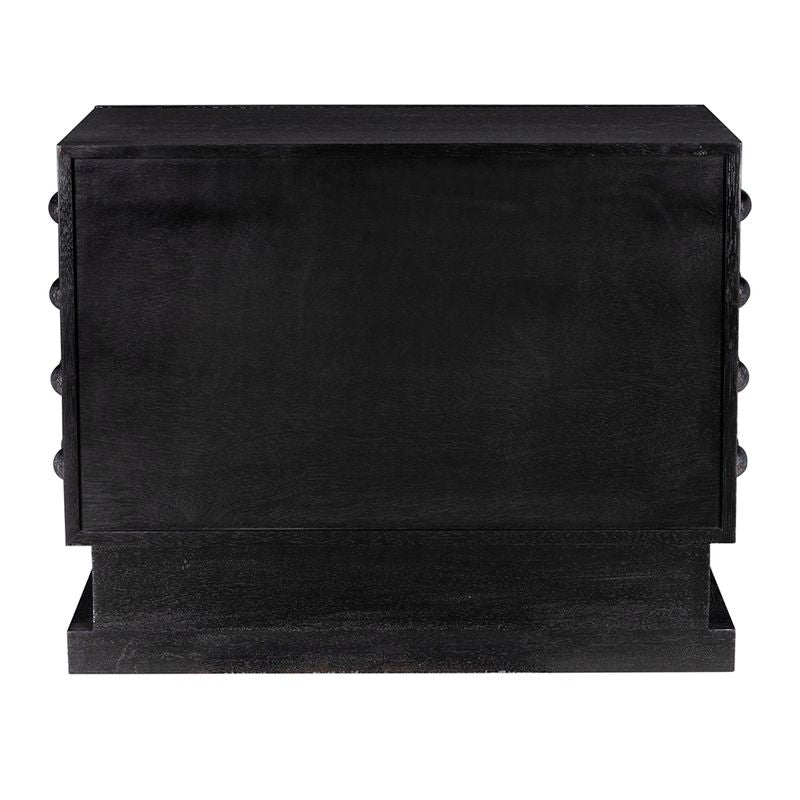 The Didier Sideboard, Black Walnut, is a rectangular wooden cabinet with a flat top, simple design, and solid base. Its black finish features small rounded walnut accents on the sides, visible from the front view.