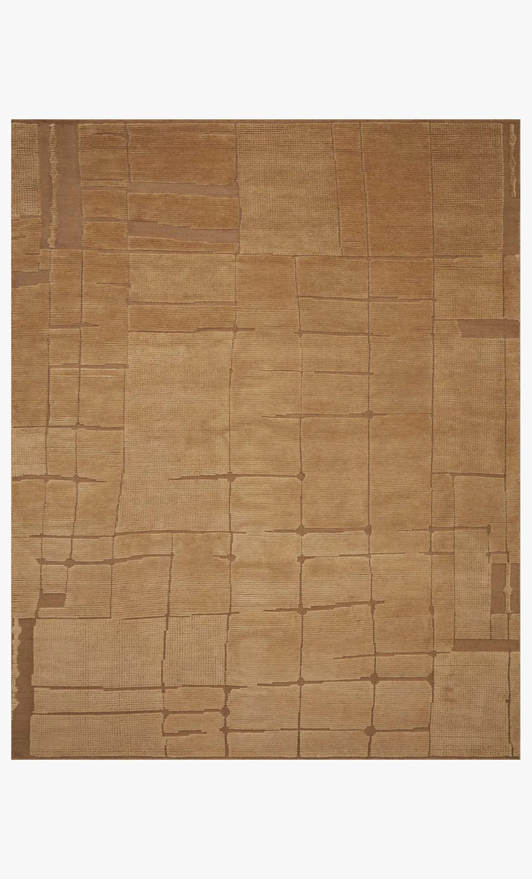 The Abstract High Low Rug - 8'-6" x 11'-6" features a tan and brown palette with a grid-like, cracked earth pattern. Made of wool, it offers subtle texture variations for added visual interest.