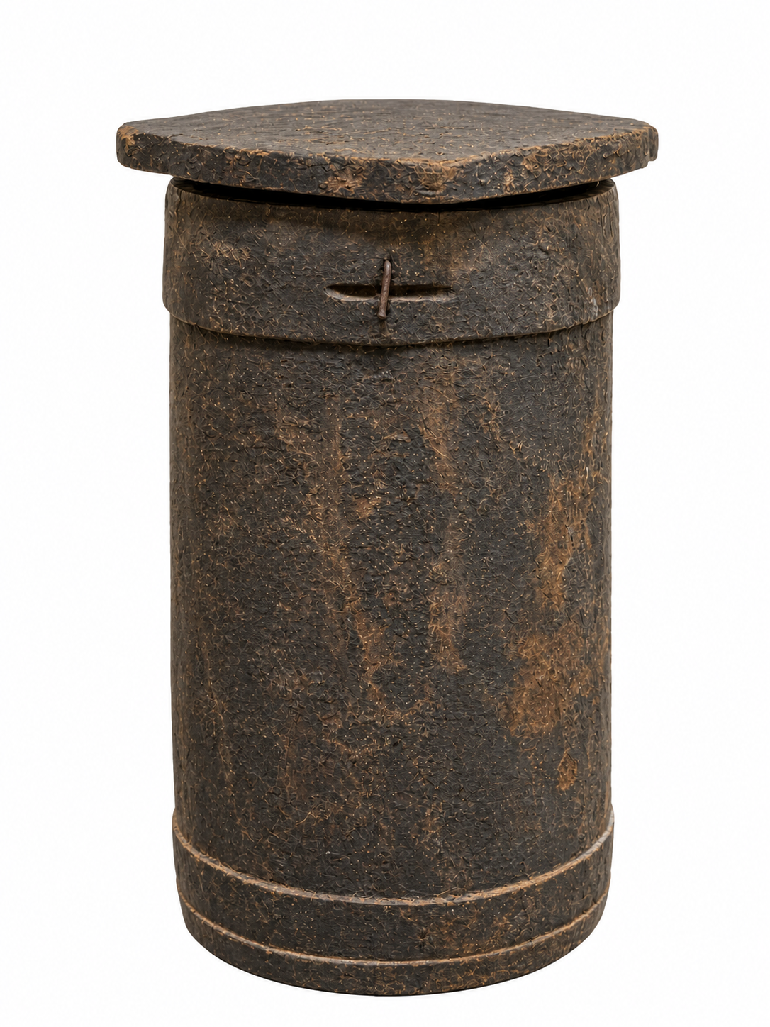 Rustic Antique Wooden Grain Container, an 8-inch dark brown cylindrical lidded vessel with a rough, textured surface and a metal latch on the side.