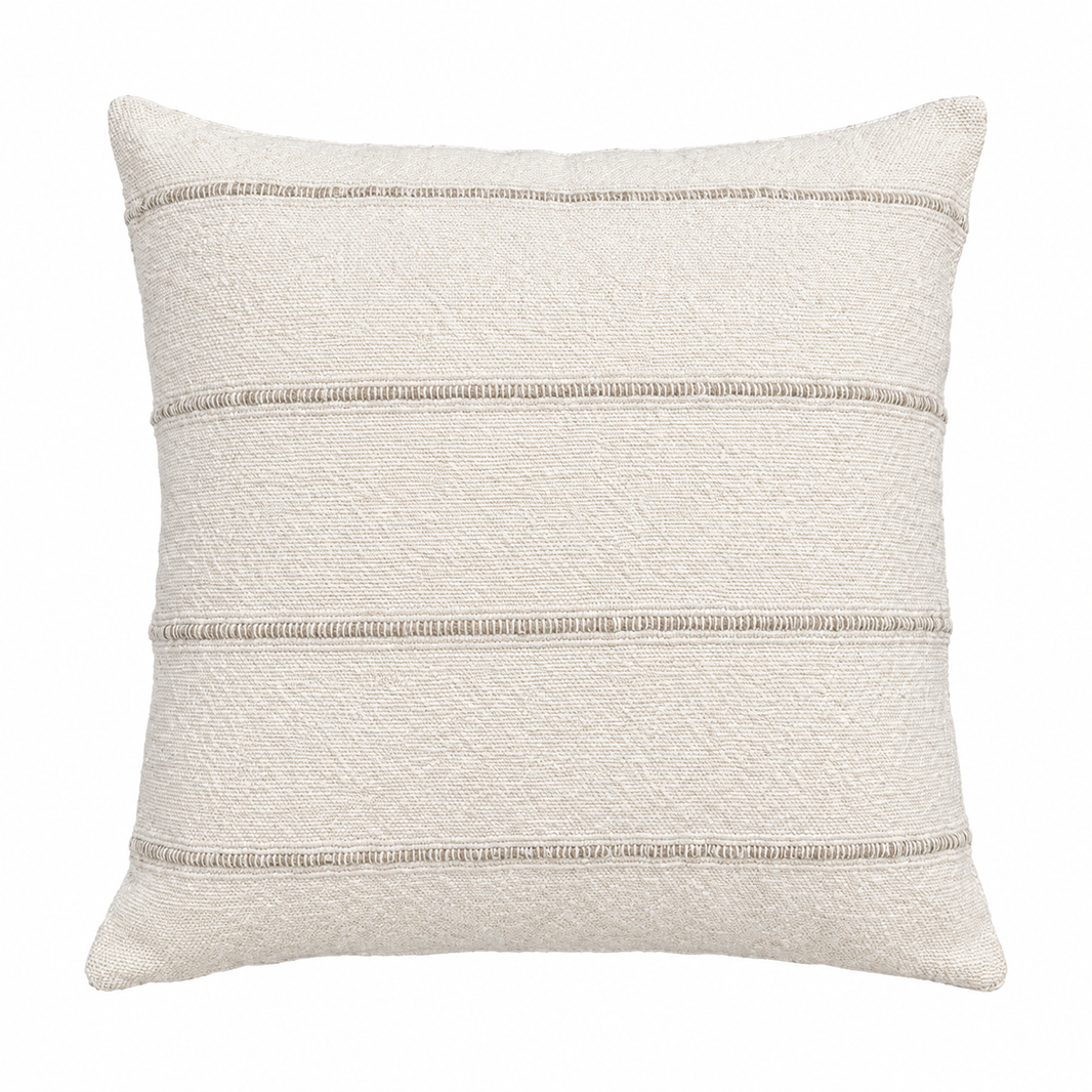 The Simple Stripe Pillow is a square, 18x18 beige throw pillow crafted from textured fabric and features subtle horizontal stitched lines, shown isolated on a white background.