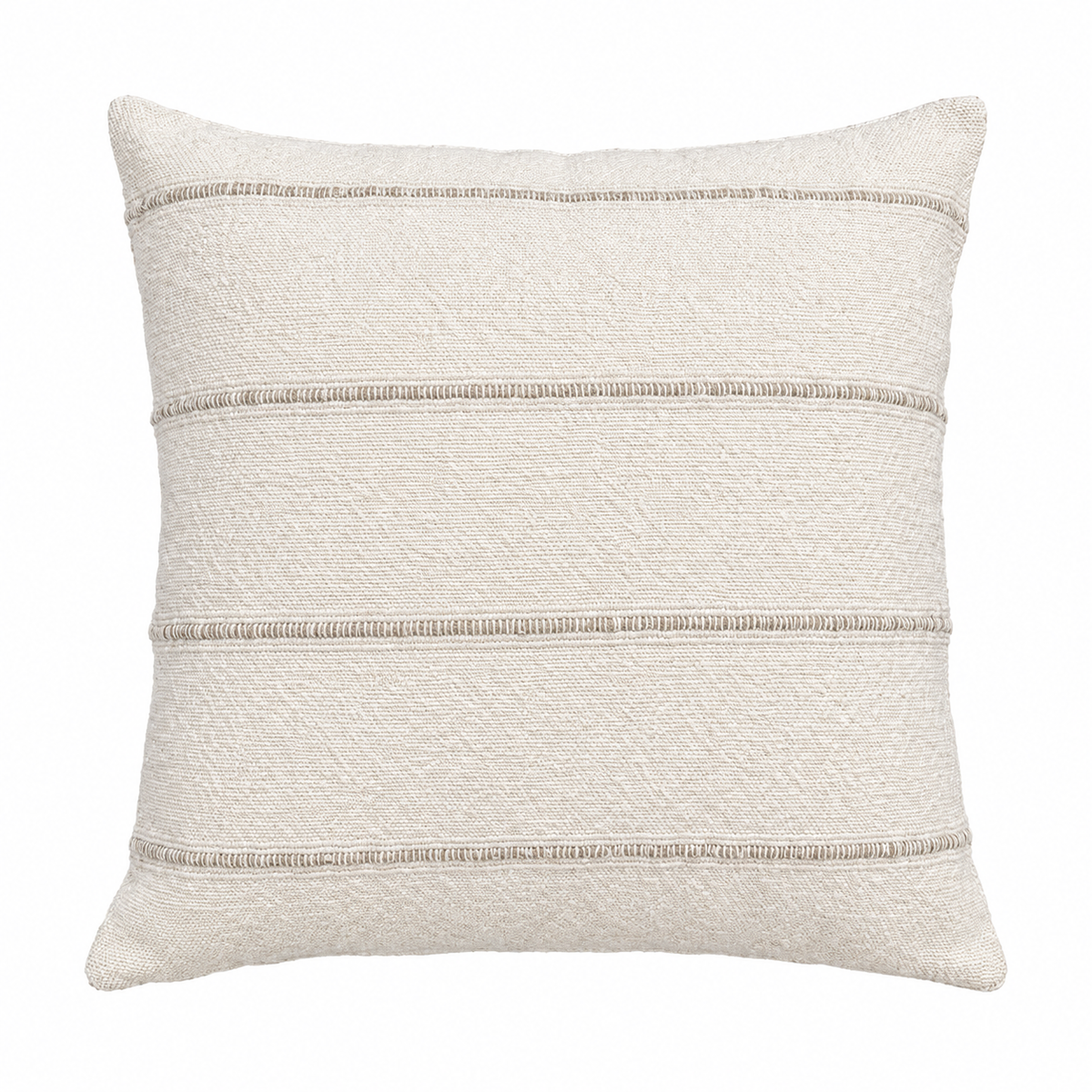 The Simple Stripe Pillow is a square, 18x18 beige throw pillow crafted from textured fabric and features subtle horizontal stitched lines, shown isolated on a white background.
