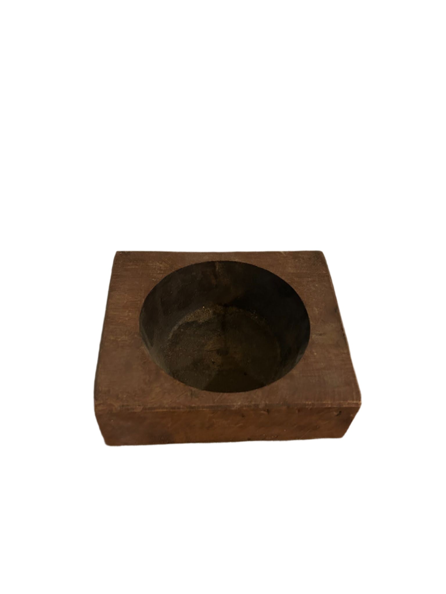 The Large Square Wood Block Dish features a rectangular wooden form with a round, shallow center, photographed on a white background—an elegant, functional piece from Canyon Creative Studio.