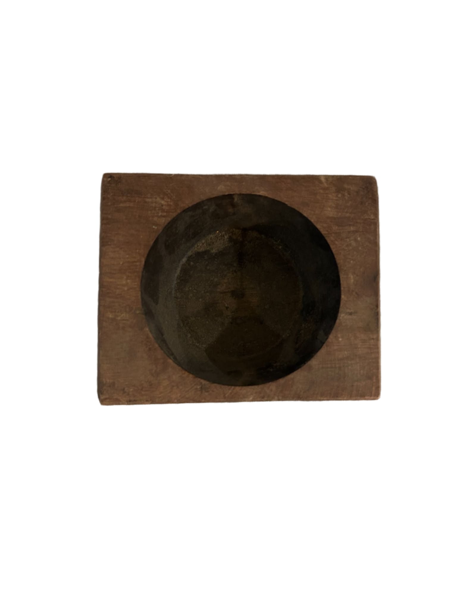 The Large Square Wood Block Dish from Canyon Creative Studio features a carved round, shallow bowl set in a rectangular wood block, shown against a plain white background.