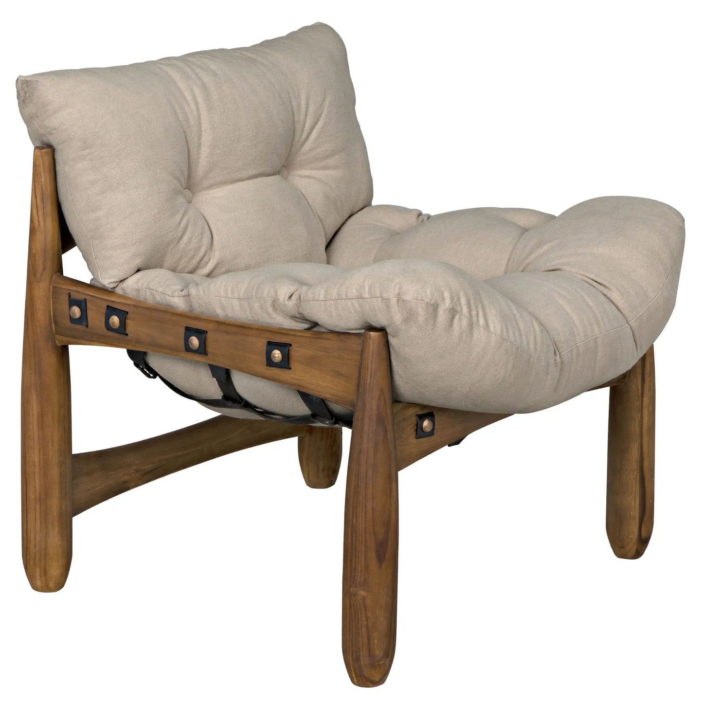 The Dante Hammock Accent Chair features a modern wooden frame with angled legs, plush tufted beige cushions, and black leather strap supports for comfort. Dimensions: 30W x 32D x 34H.