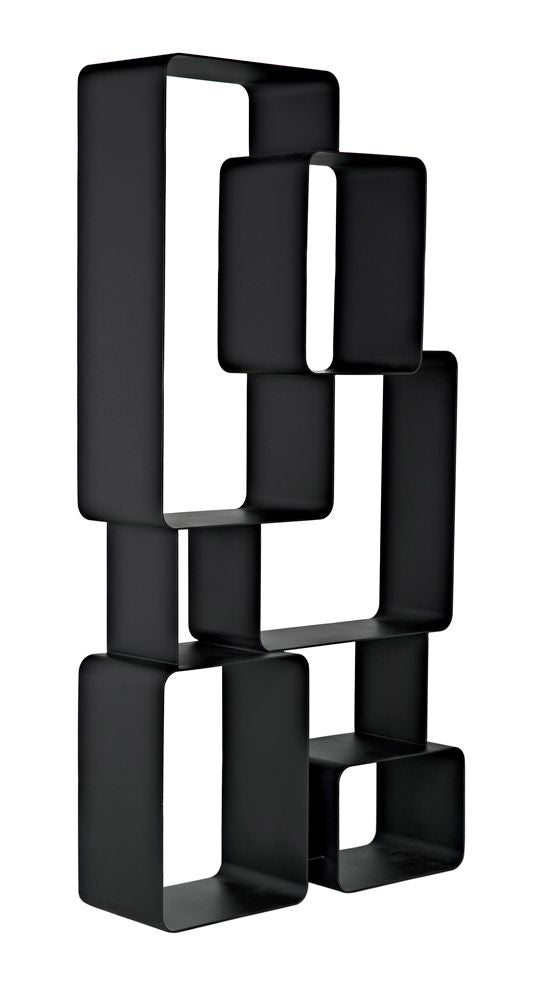 The Larra Bookcase is a modern black metal bookshelf featuring rectangular and square open compartments in an asymmetrical stacked design, with visible weld marks highlighting its handmade craftsmanship, shown against a white background.